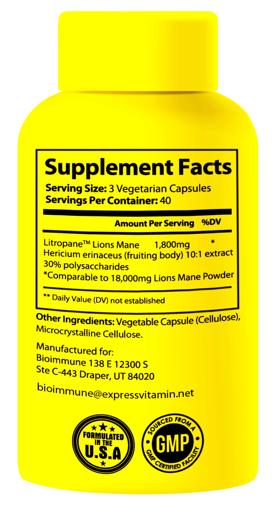 BioImmune Lion's Mane Mushroom Supplement 10X Potency label details