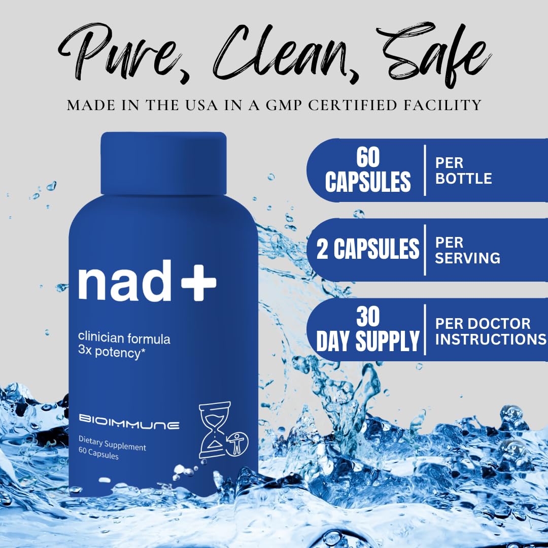 BioImmune NAD+ Supplement capsules on a wooden table