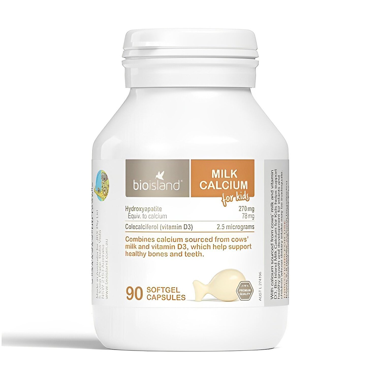 Bioisland Milk Calcium for Kids 70g front view with capsule details