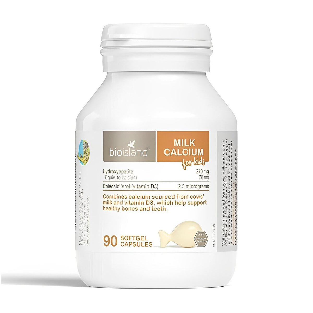 Bioisland Milk Calcium for Kids 70g front view with capsule details