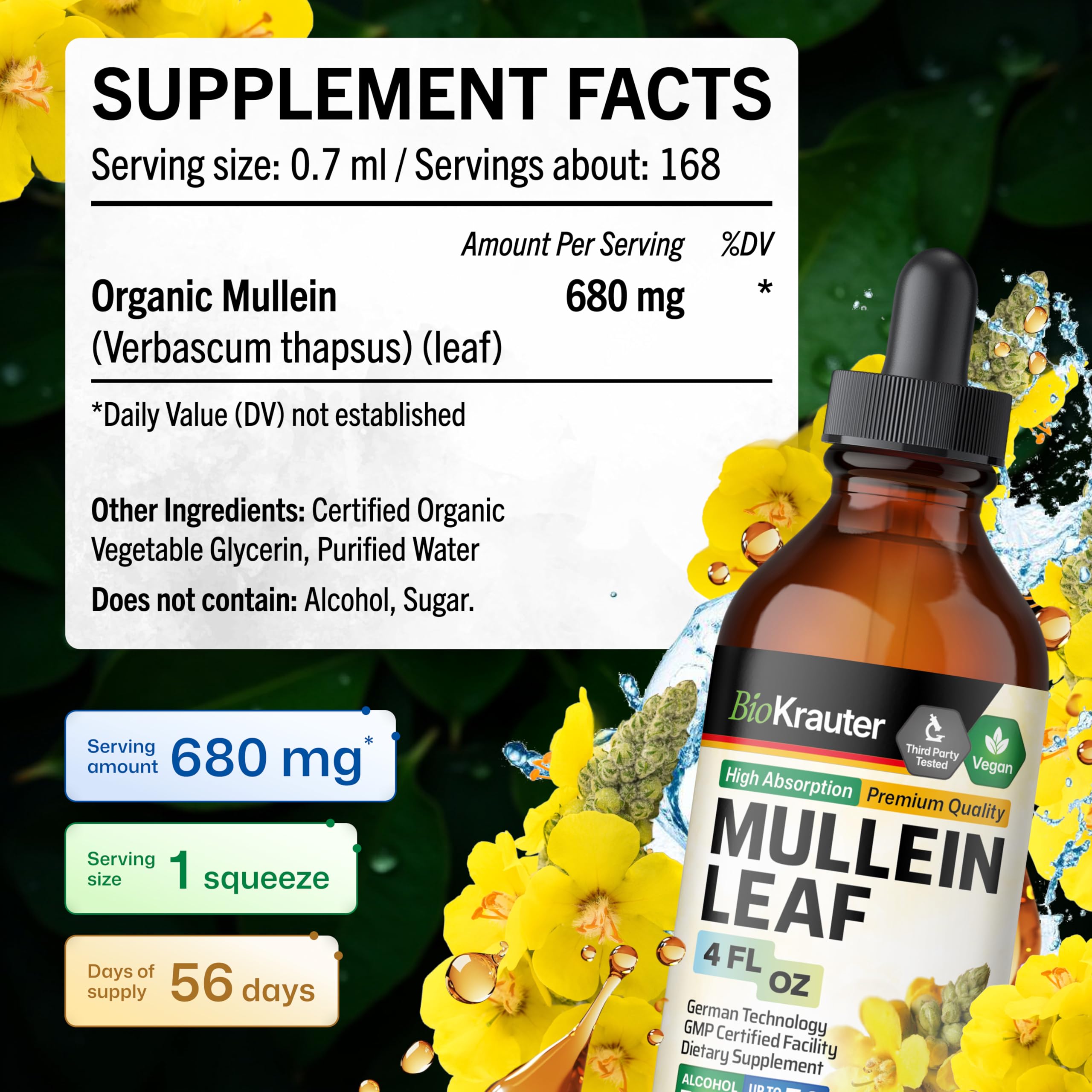 BioKrauter Mullein Leaf Extract Tincture with water for dosage