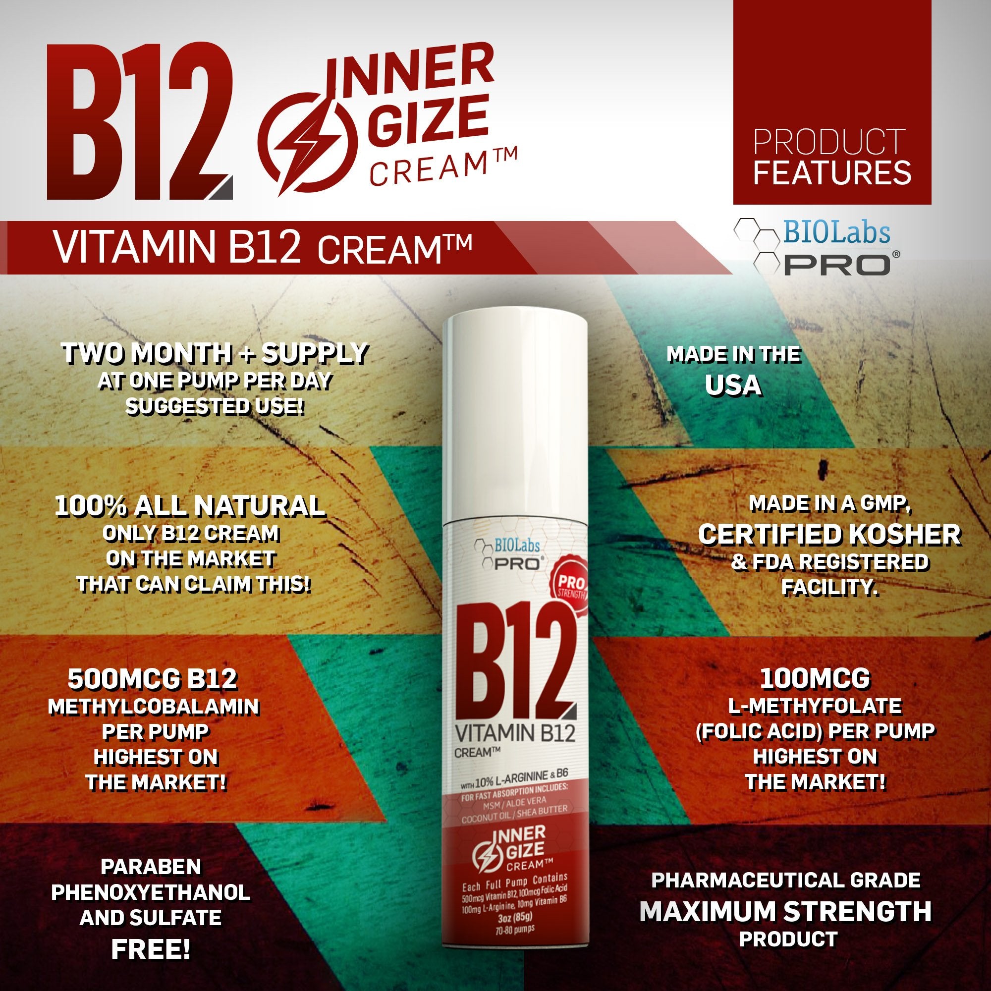 BIOLABS PRO B12 Energizing Topical Cream side view with pump