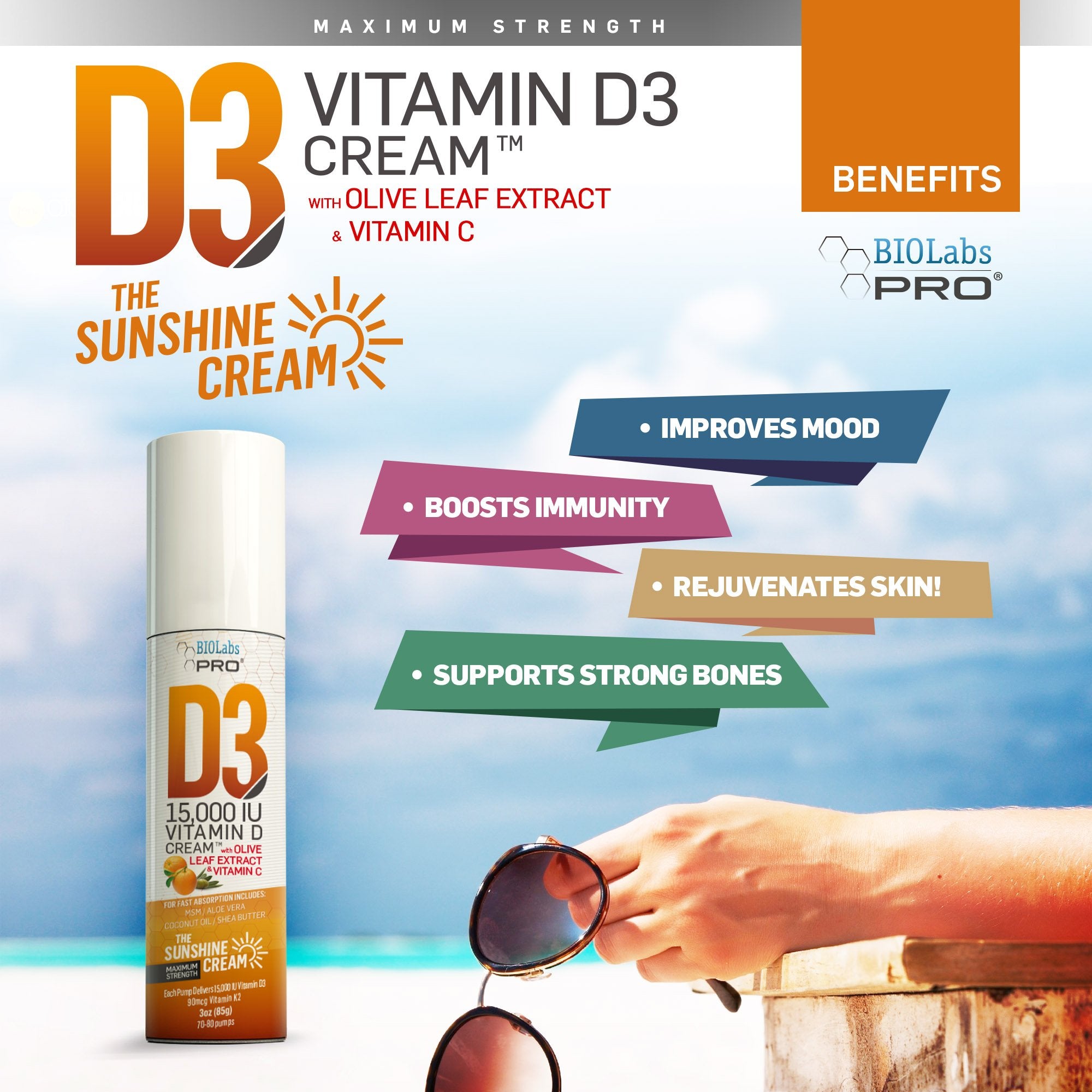 BIOLABS PRO Vitamin D3 & K2 Cream 15000iu back view