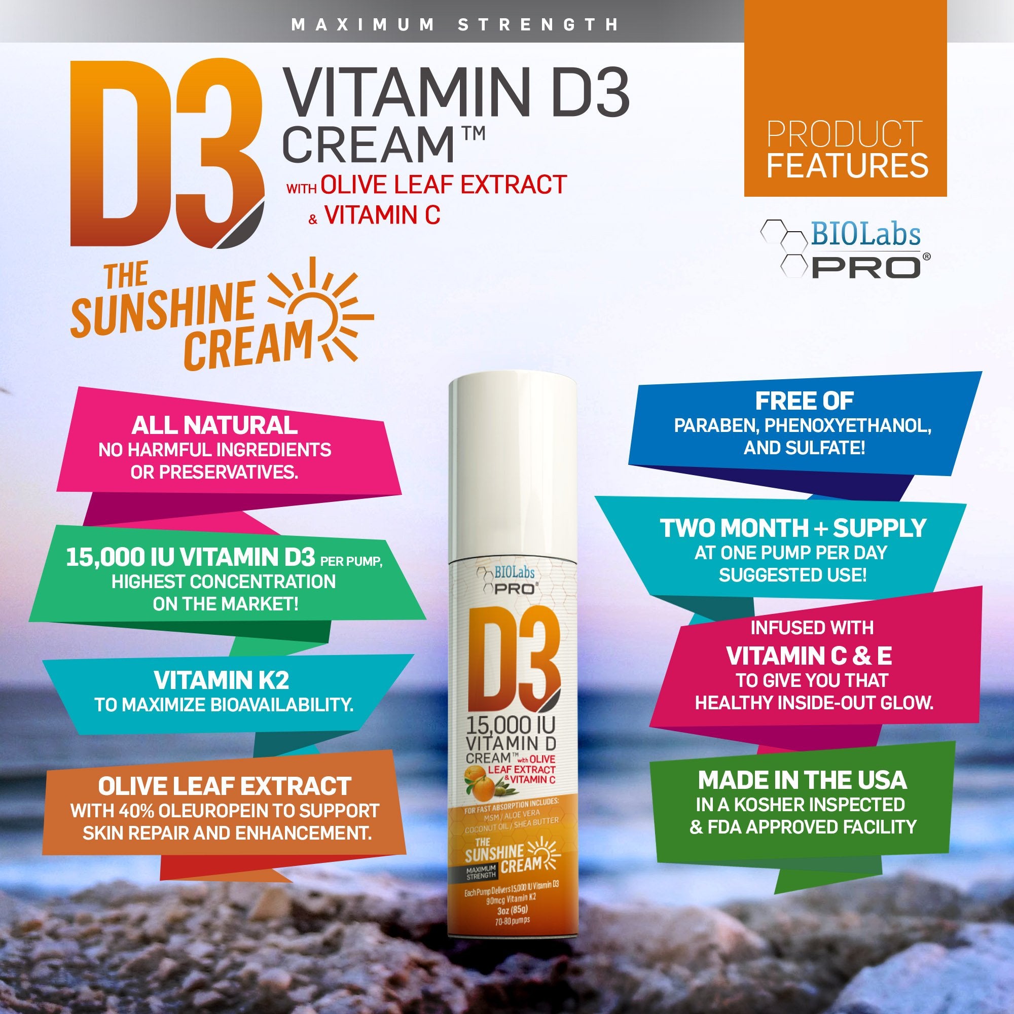 BIOLABS PRO Vitamin D3 & K2 Cream 15000iu side view