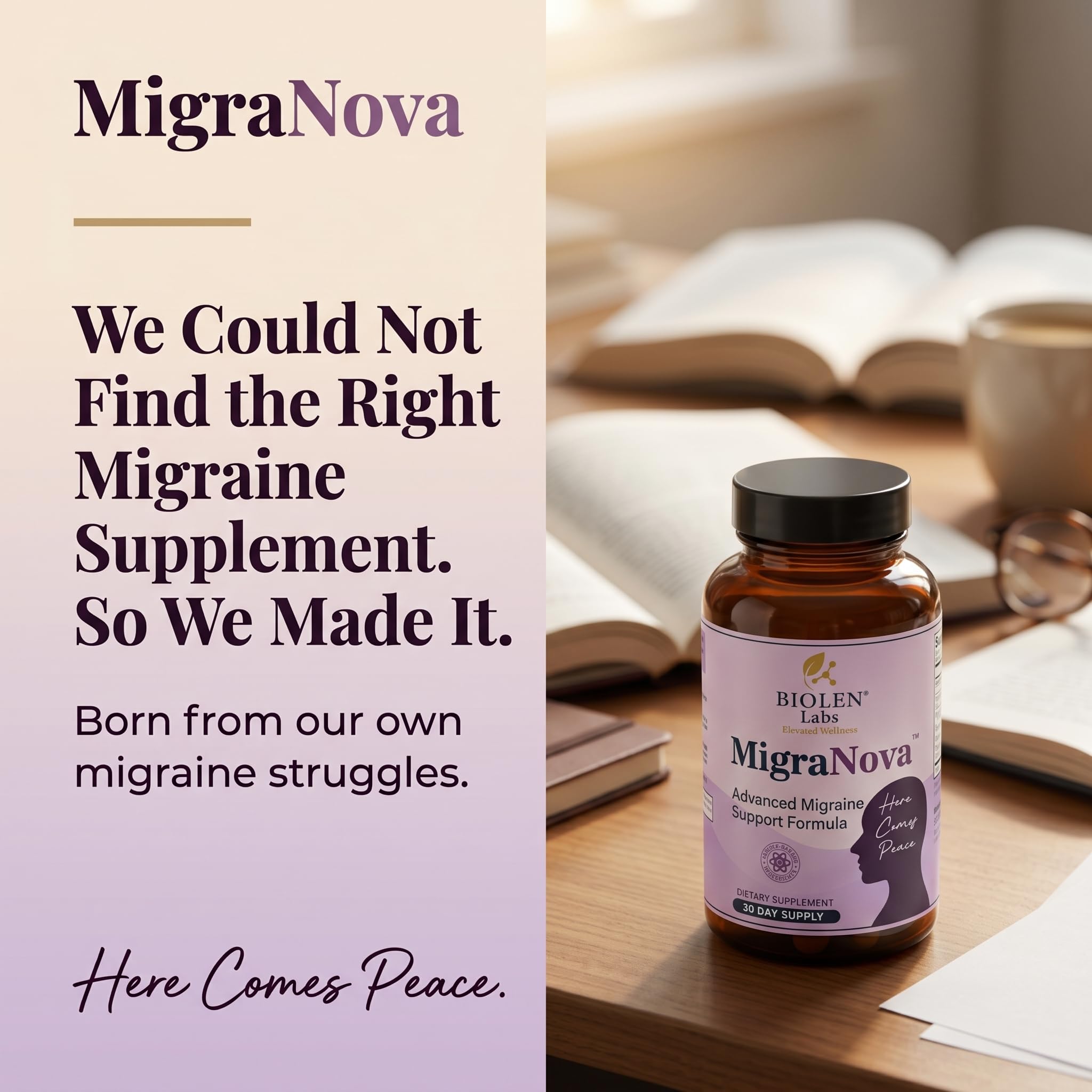 Biolen Labs MigraNova Daily Supplement on a wooden table