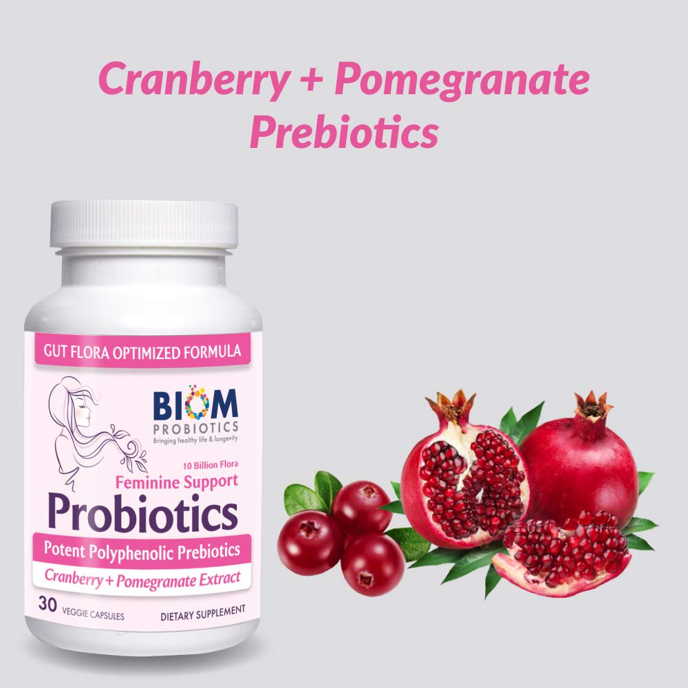 Biom Probiotics Feminine Probiotics capsules on a wooden table