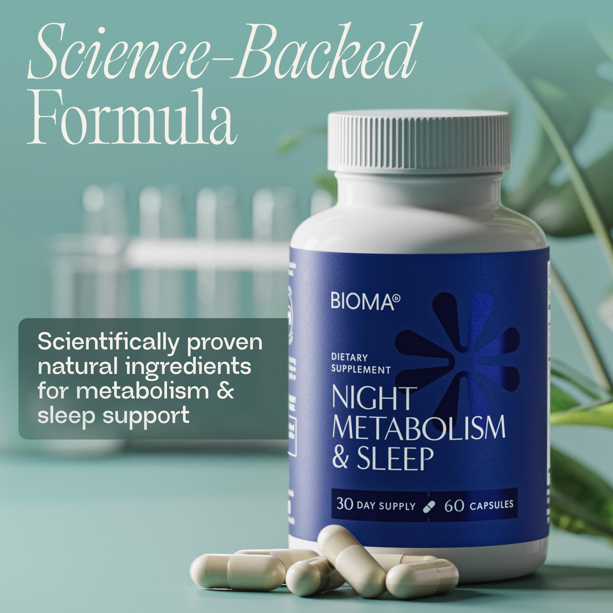 BIOMA Night a balanced routine & Sleep 180 Capsules open bottle