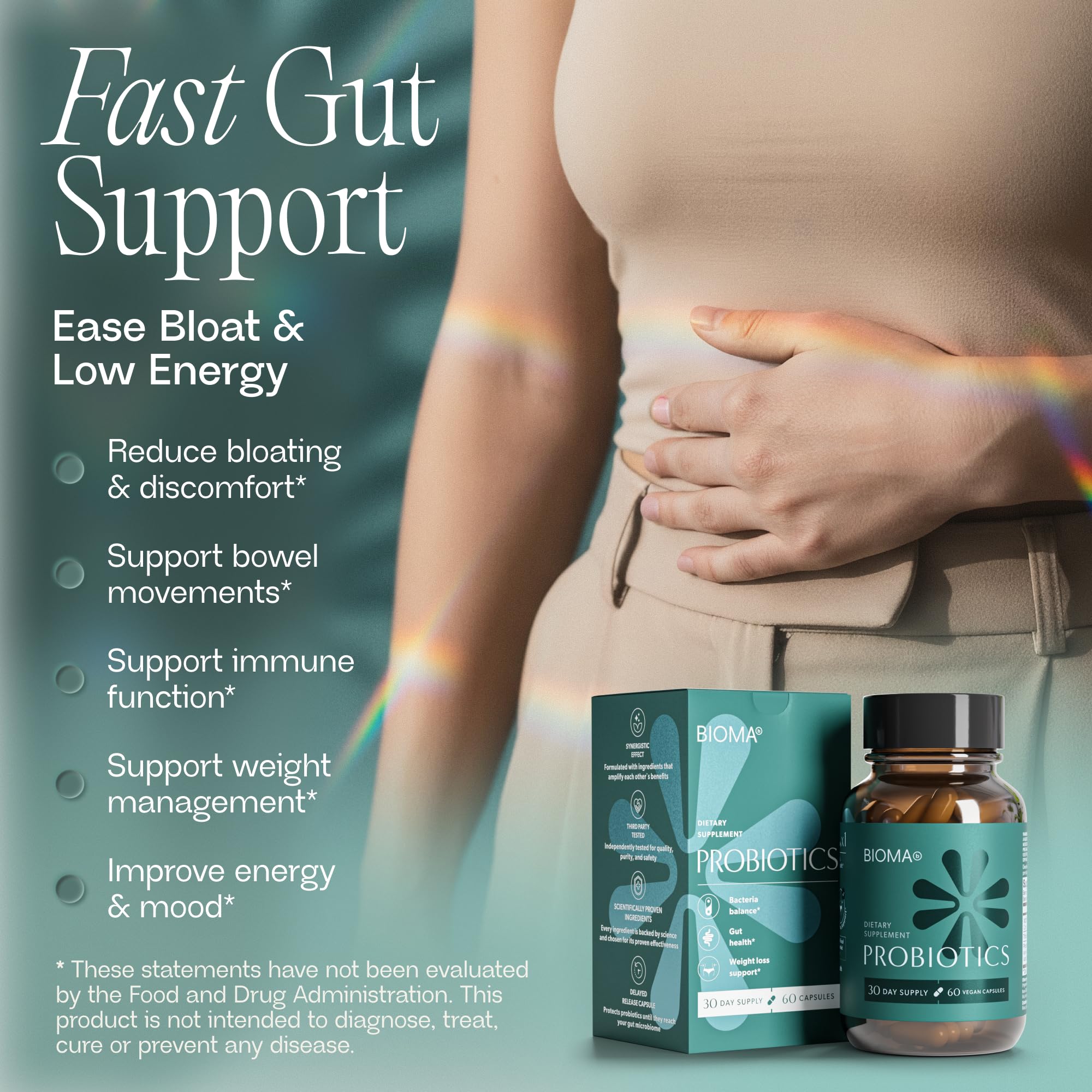 BIOMA Probiotic Supplement packaging with ingredients list