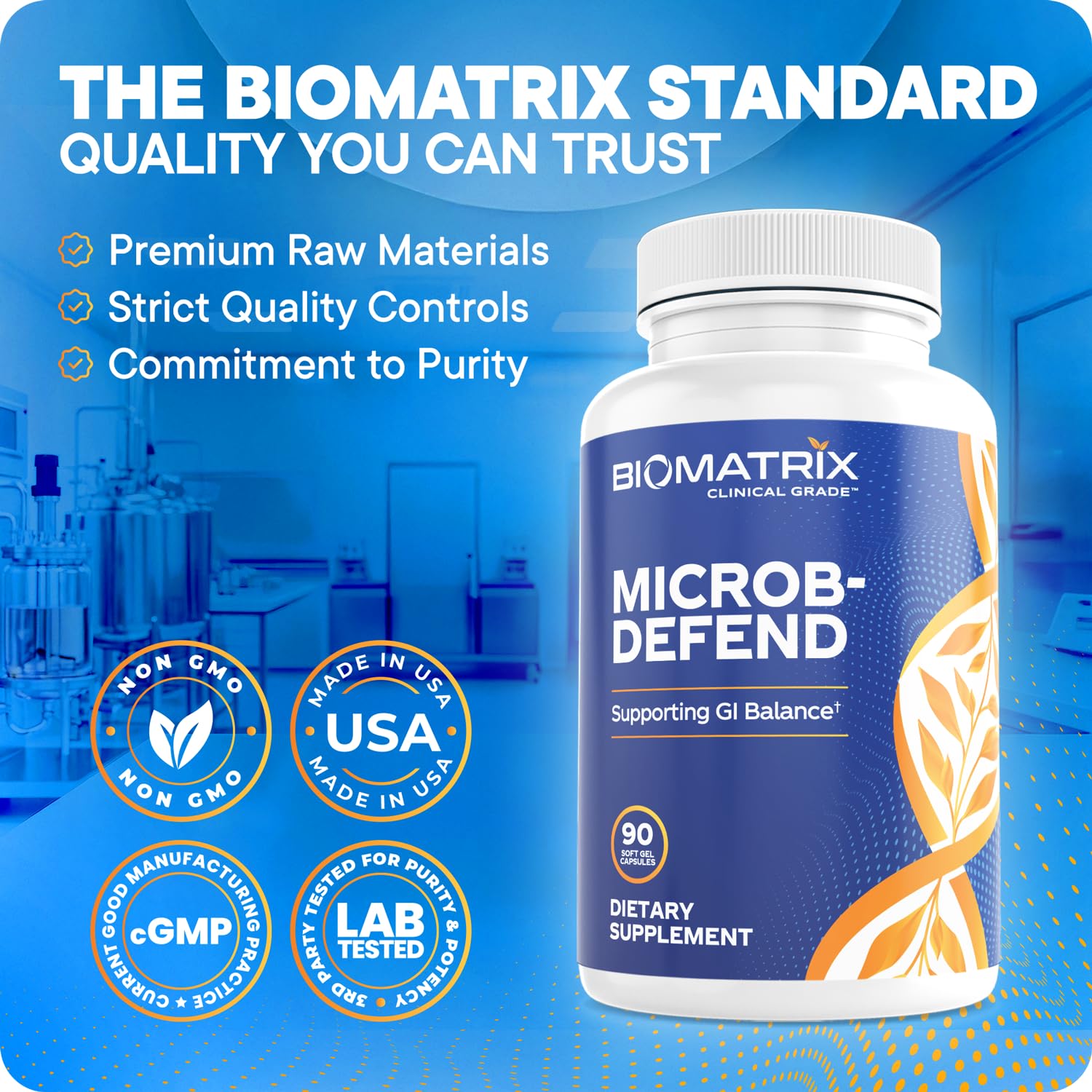 BioMatrix Microb-Defend soft-gels displayed with other supplements