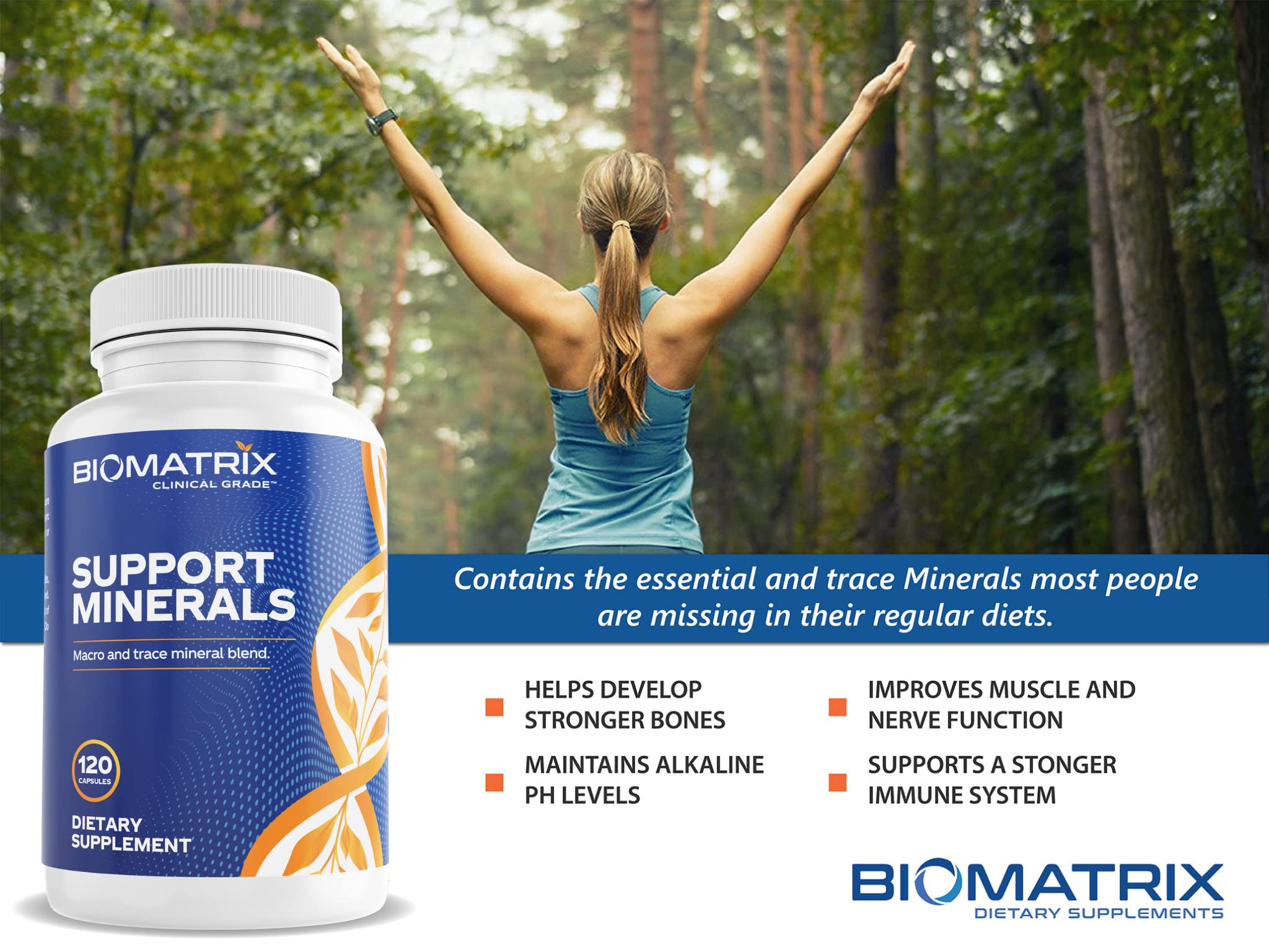 BioMatrix Support Minerals 128g packaging on a wooden table