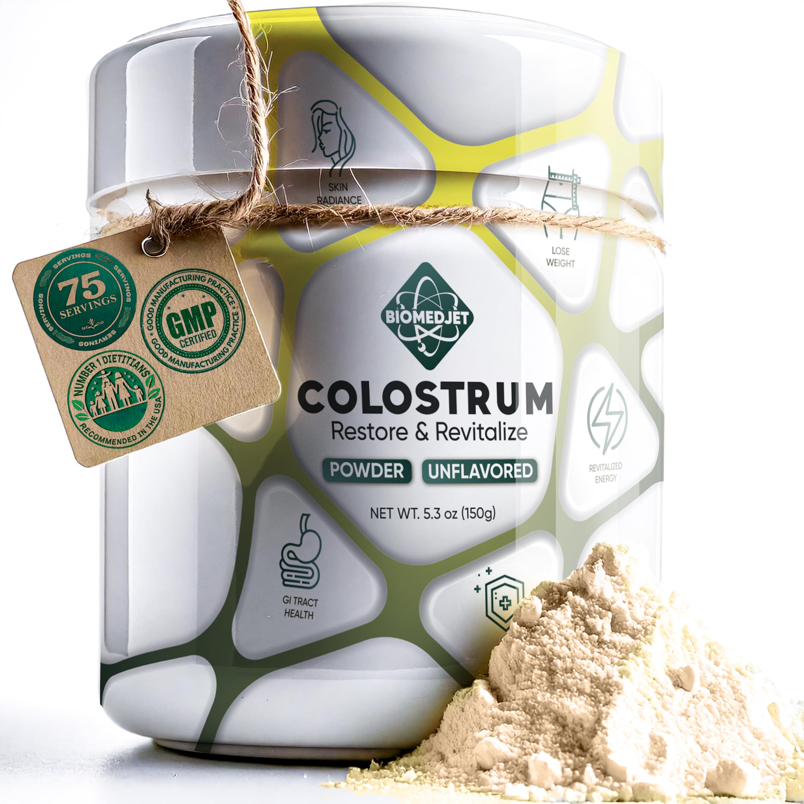 BioMEDJET Organic Colostrum Powder 150g front view packaging