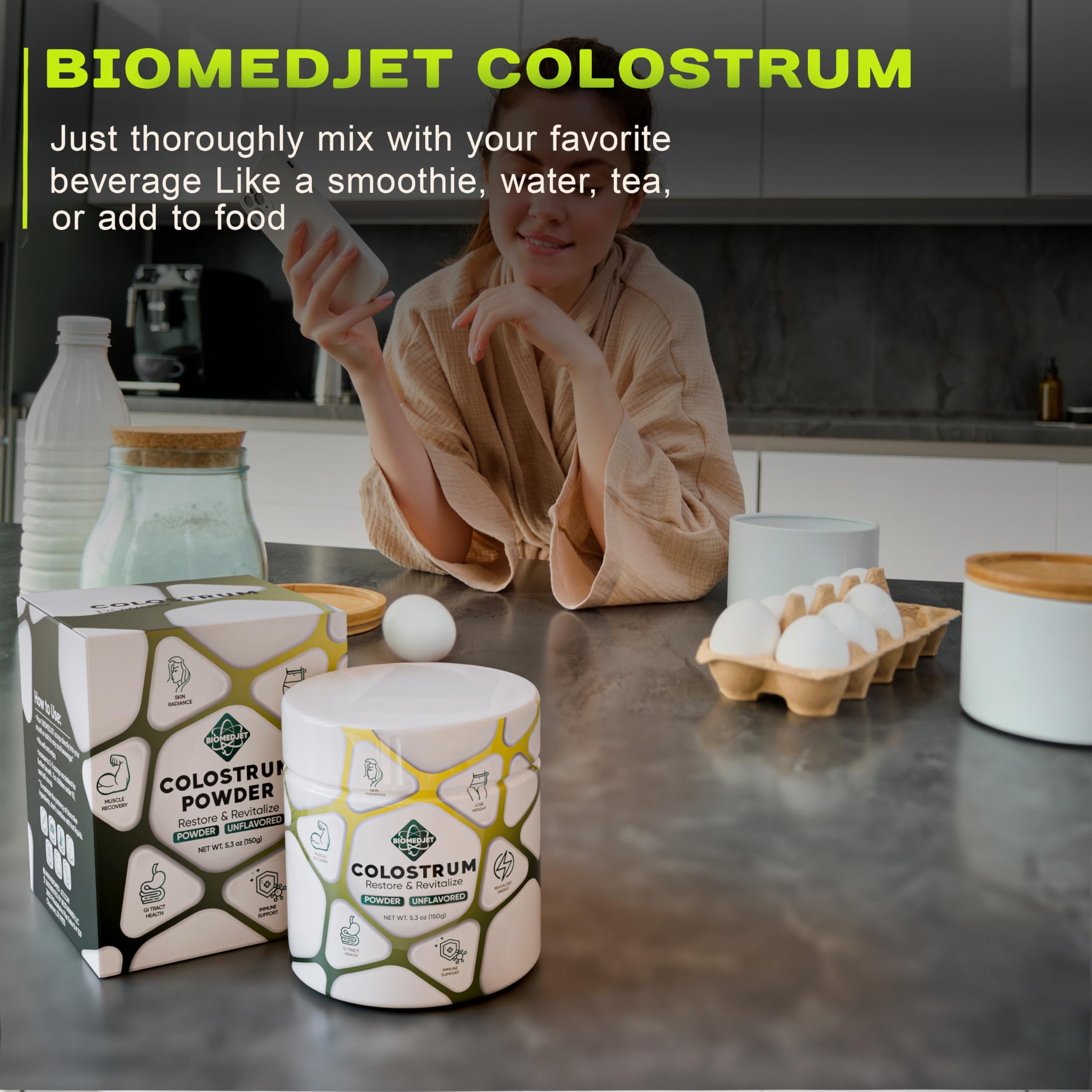 BioMEDJET Organic Colostrum Powder 150g in a glass of water