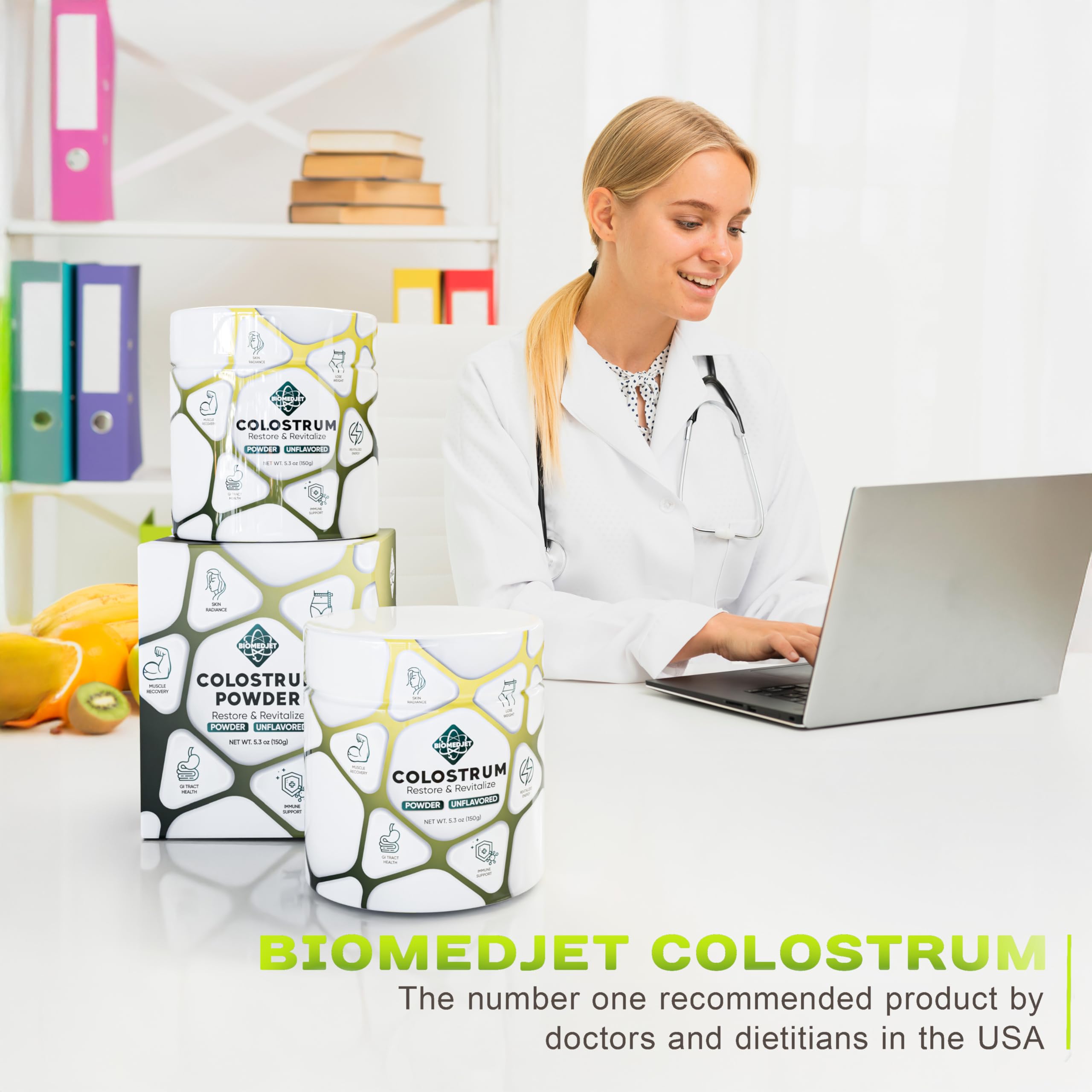 BioMEDJET Organic Colostrum Powder 150g in a kitchen setting