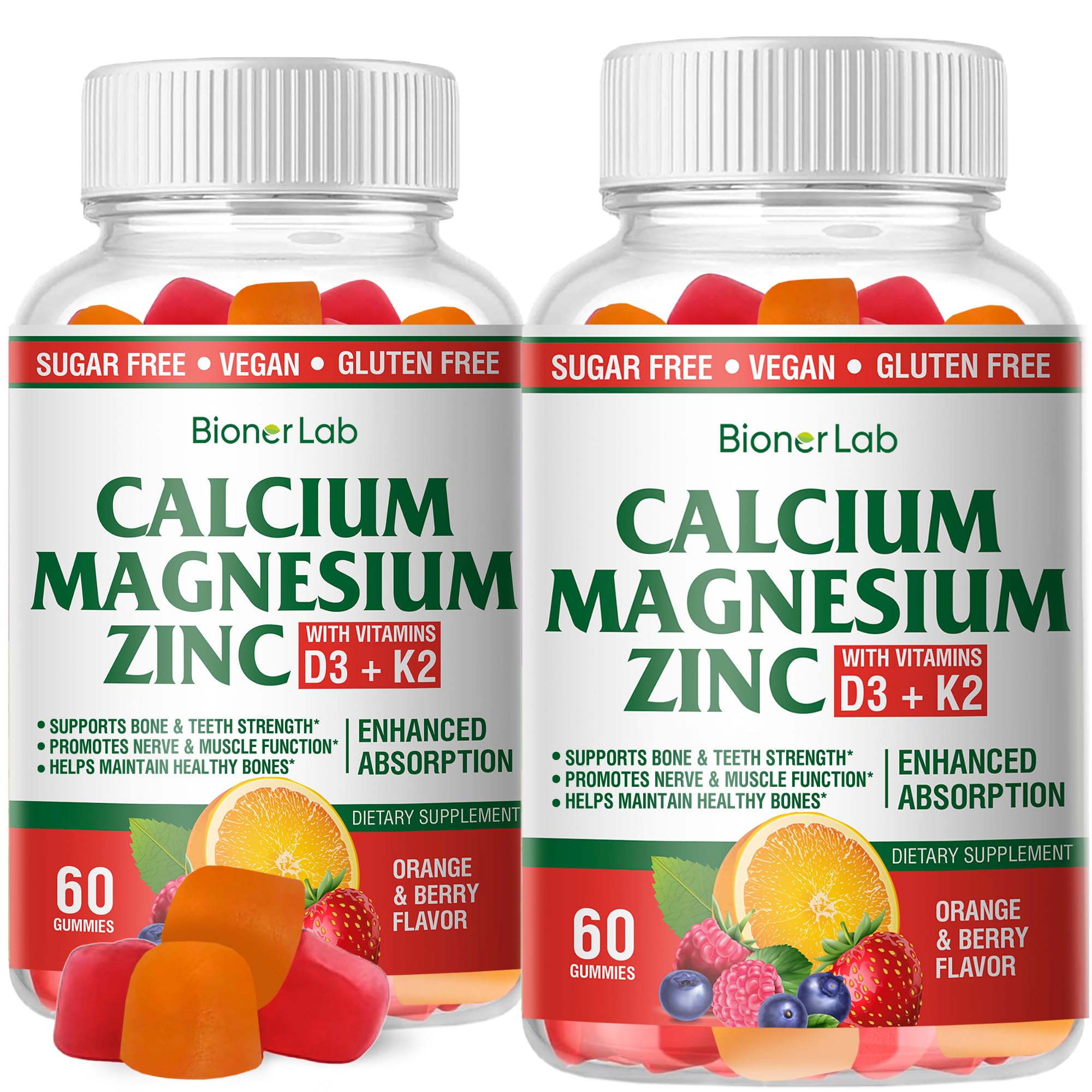 BionerLab Calcium Magnesium Zinc Gummies front view with packaging