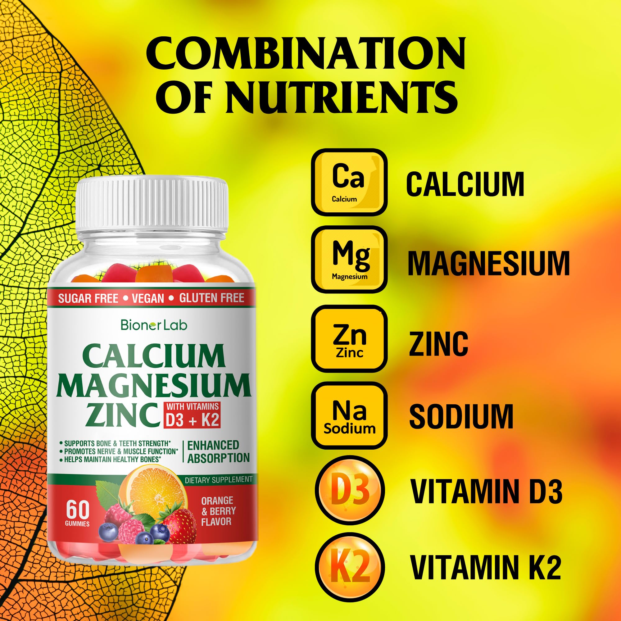 BionerLab Calcium Magnesium Zinc Gummies in a bowl