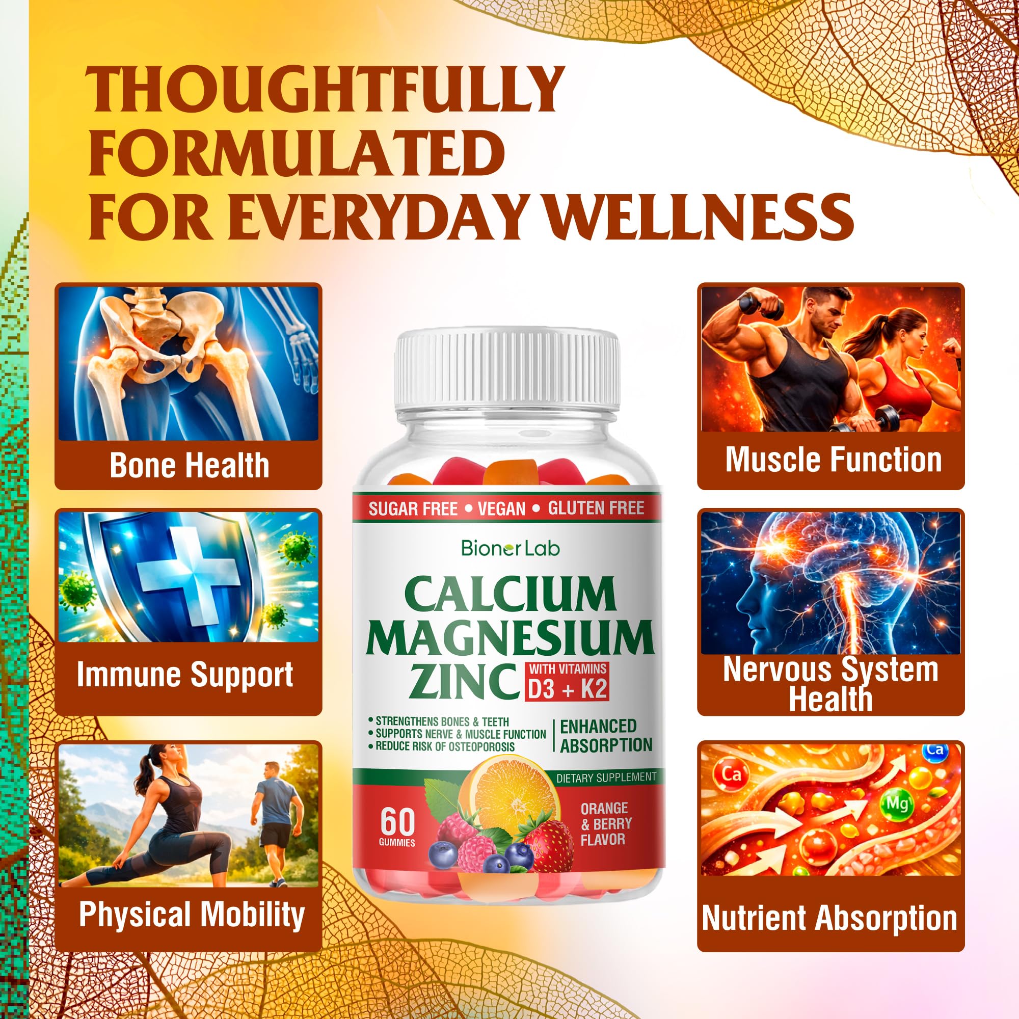 BionerLab Calcium Magnesium Zinc Gummies nutritional information on packaging