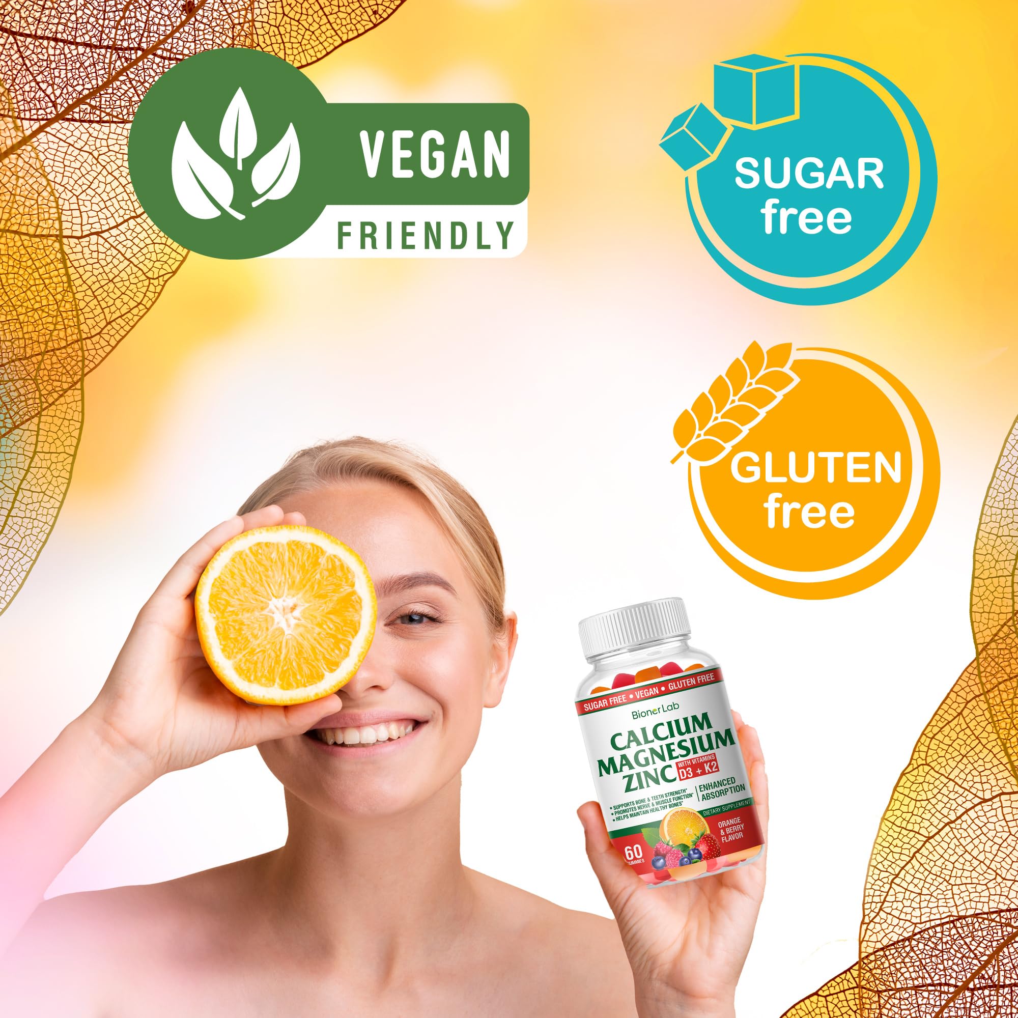 BionerLab Calcium Magnesium Zinc Gummies with a measuring spoon