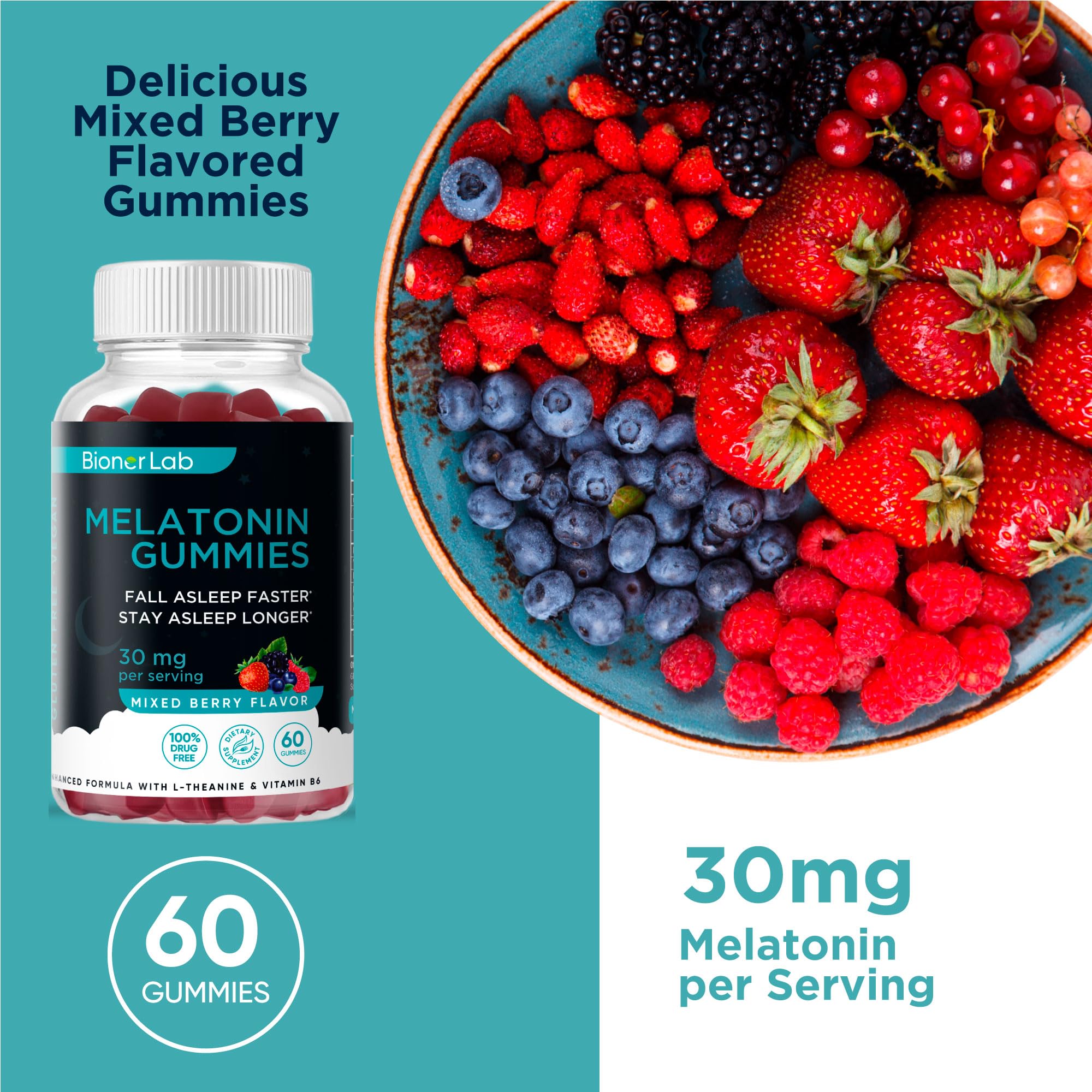BionerLab Melatonin Gummies 30mg dosage on a table