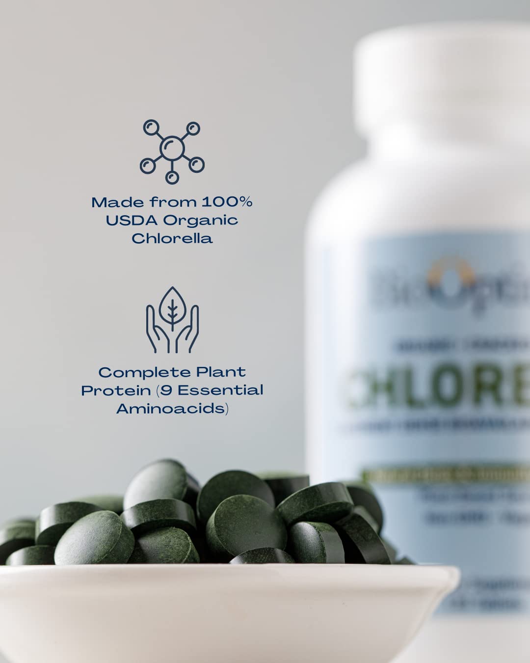 BioOptimal Chlorella Tablets 500mg close-up of tablets