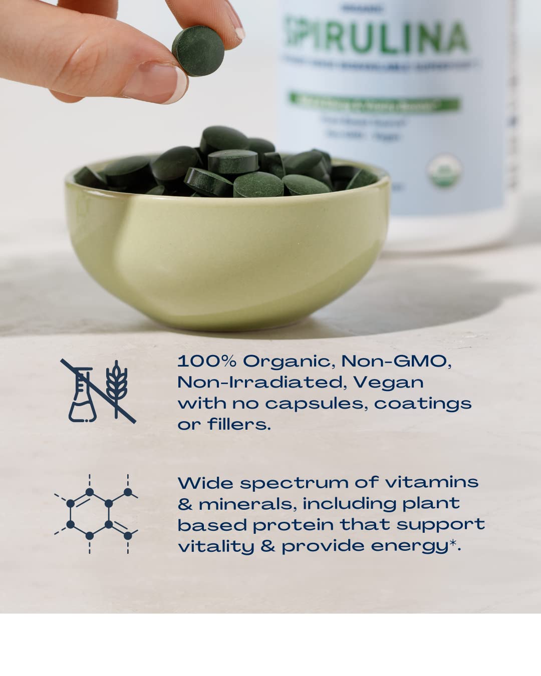 BioOptimal Spirulina Tablets back view packaging