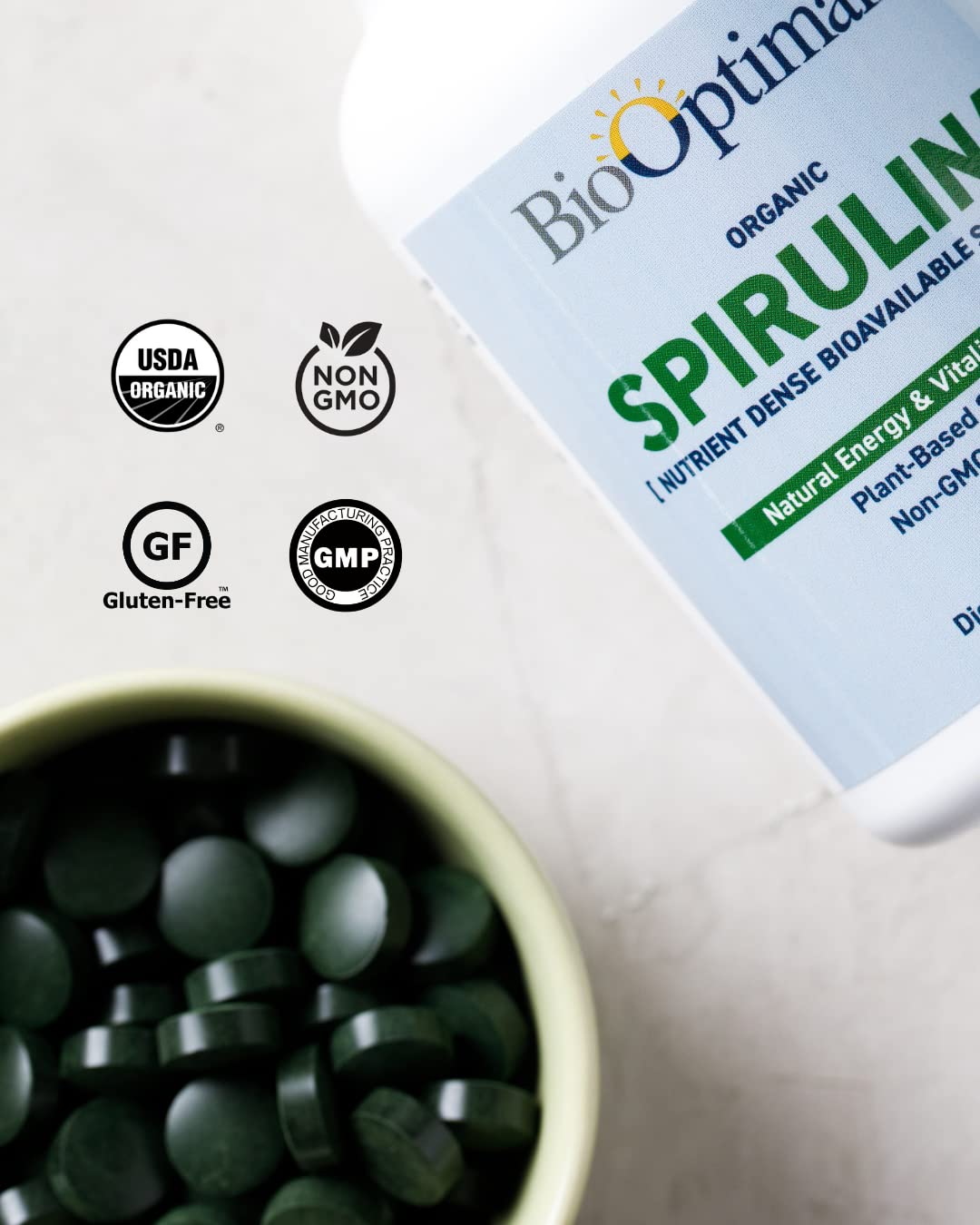 BioOptimal Spirulina Tablets close-up of tablets