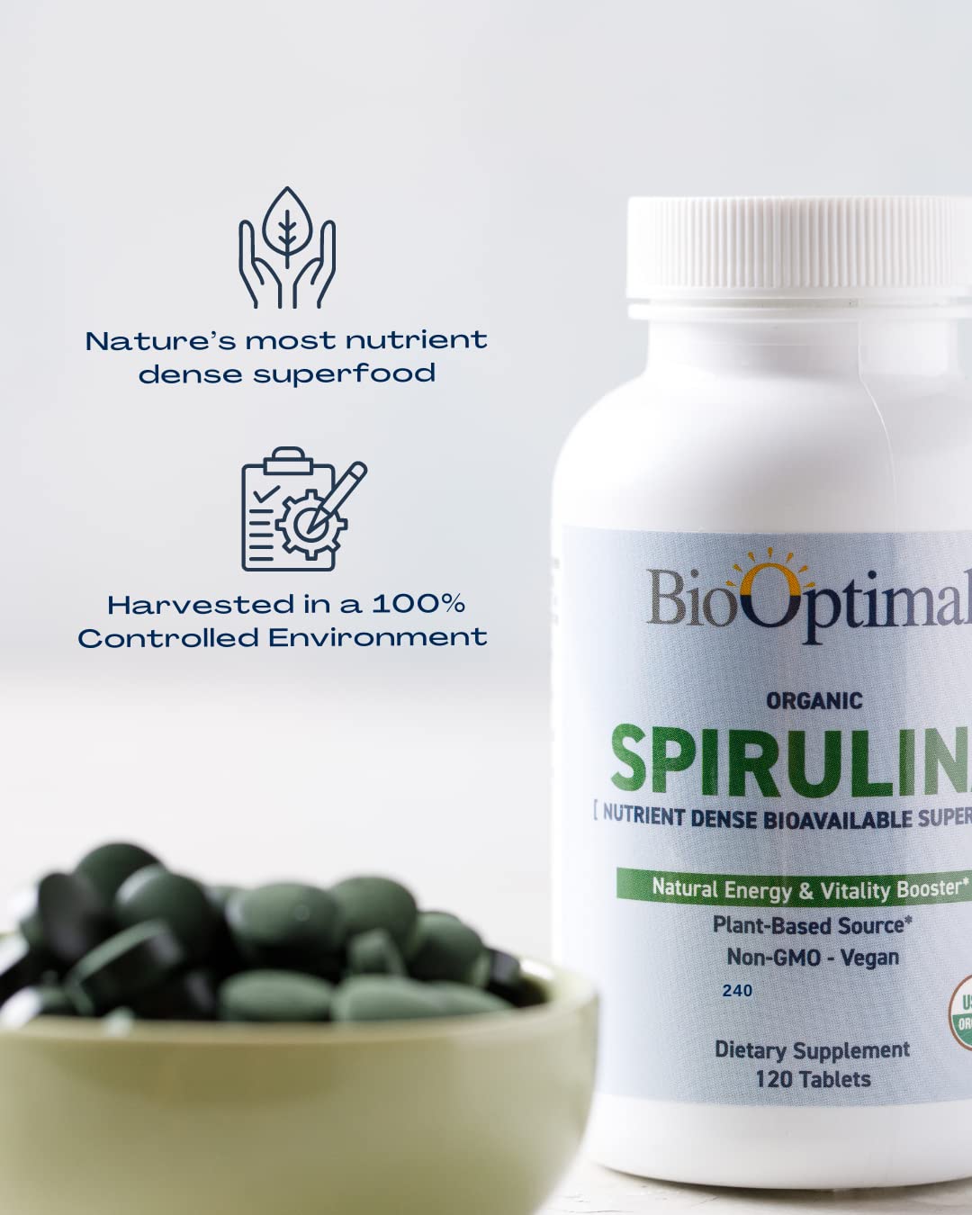 BioOptimal Spirulina Tablets with a close-up of the tablets