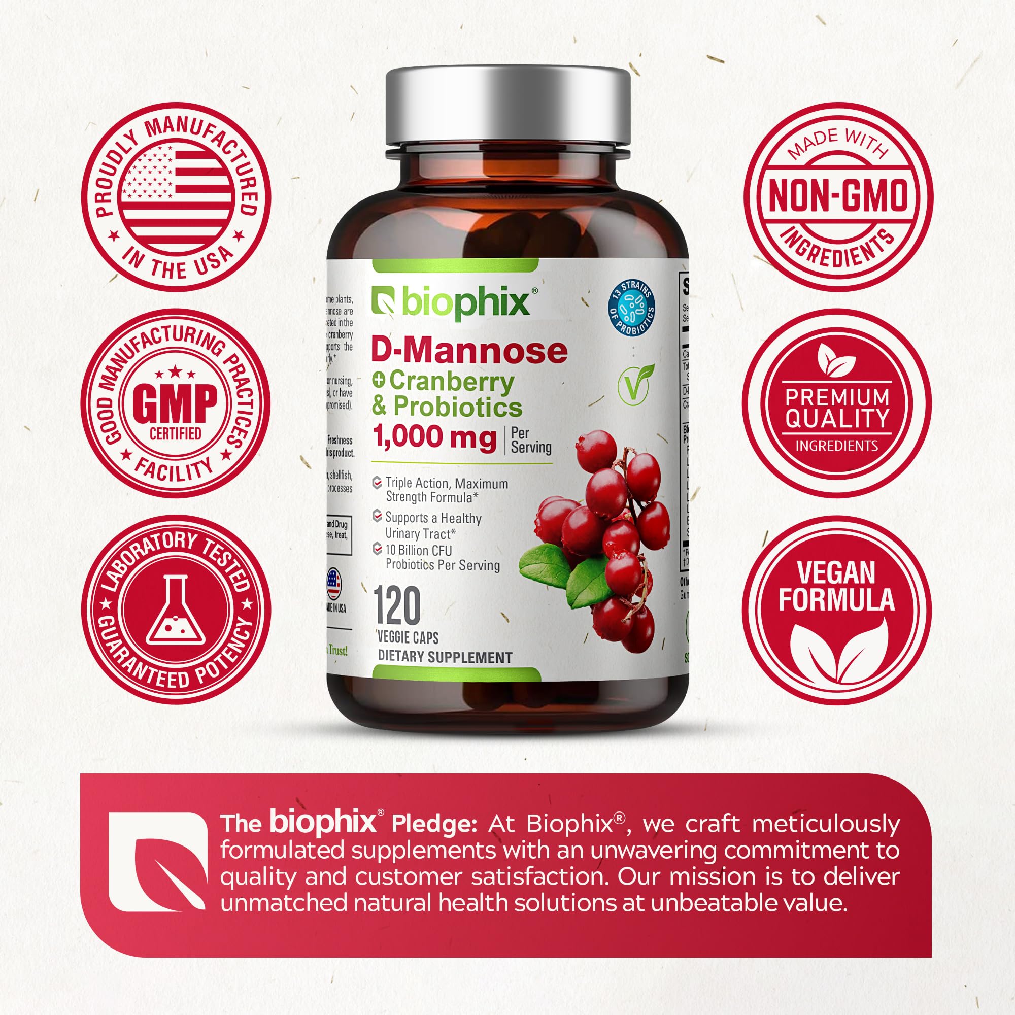 biophix Cranberry D-Mannose 1000mg supplement capsules in hand