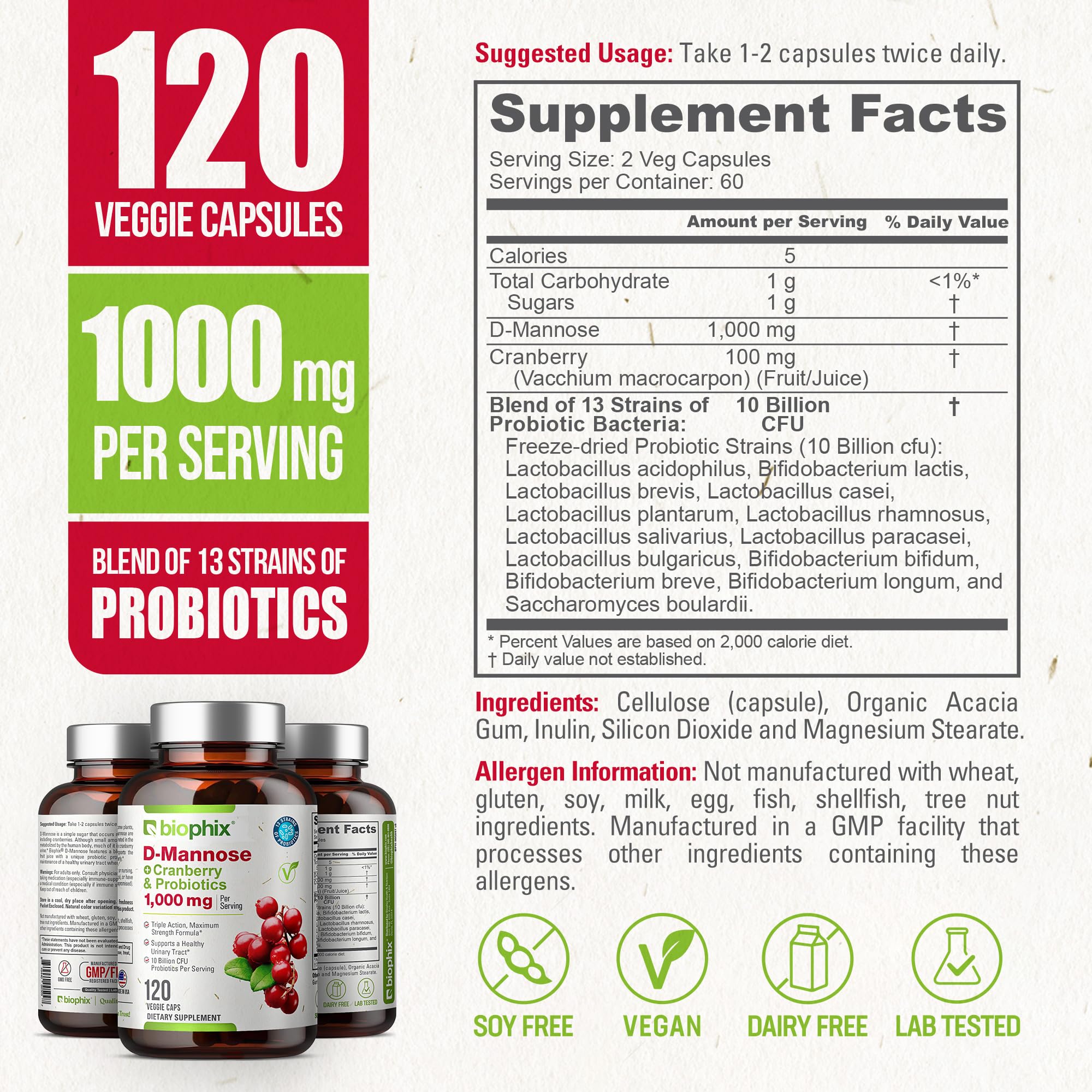 biophix Cranberry D-Mannose 1000mg supplement capsules on a table