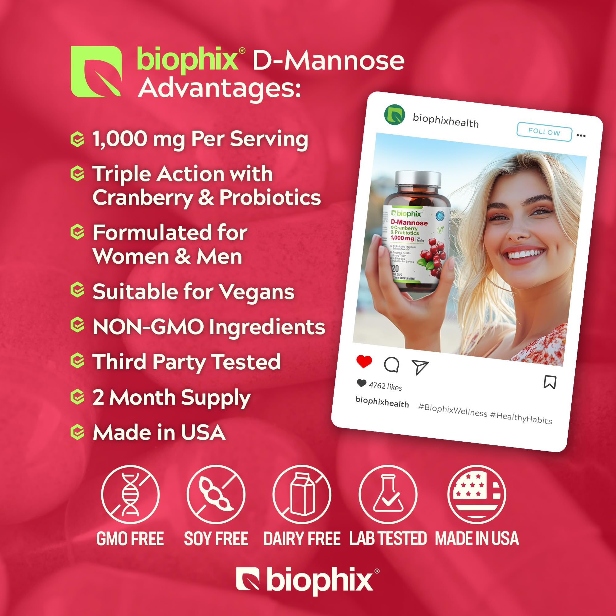 biophix Cranberry D-Mannose 1000mg supplement capsules with bottle