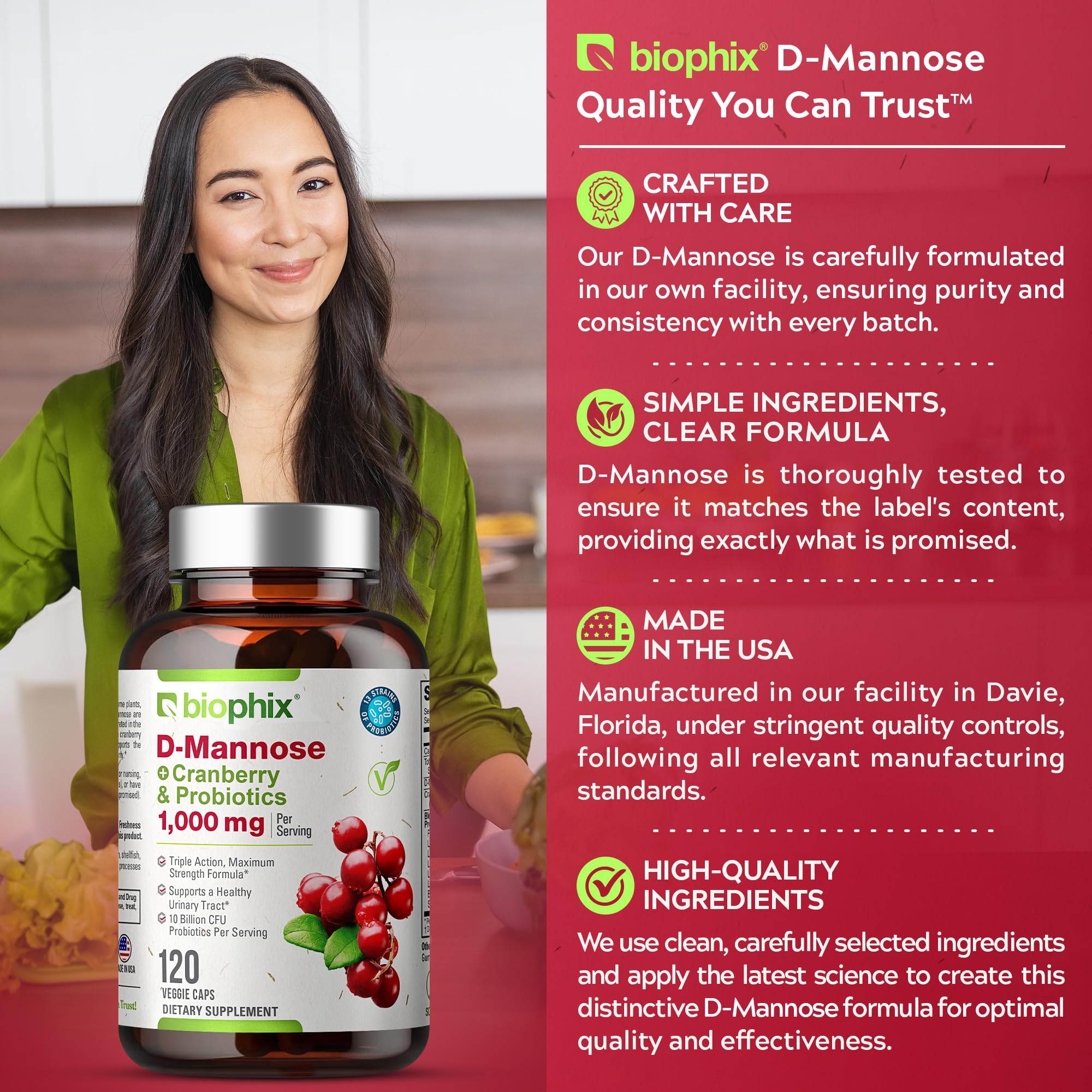 biophix Cranberry D-Mannose 1000mg supplement capsules with measuring spoon