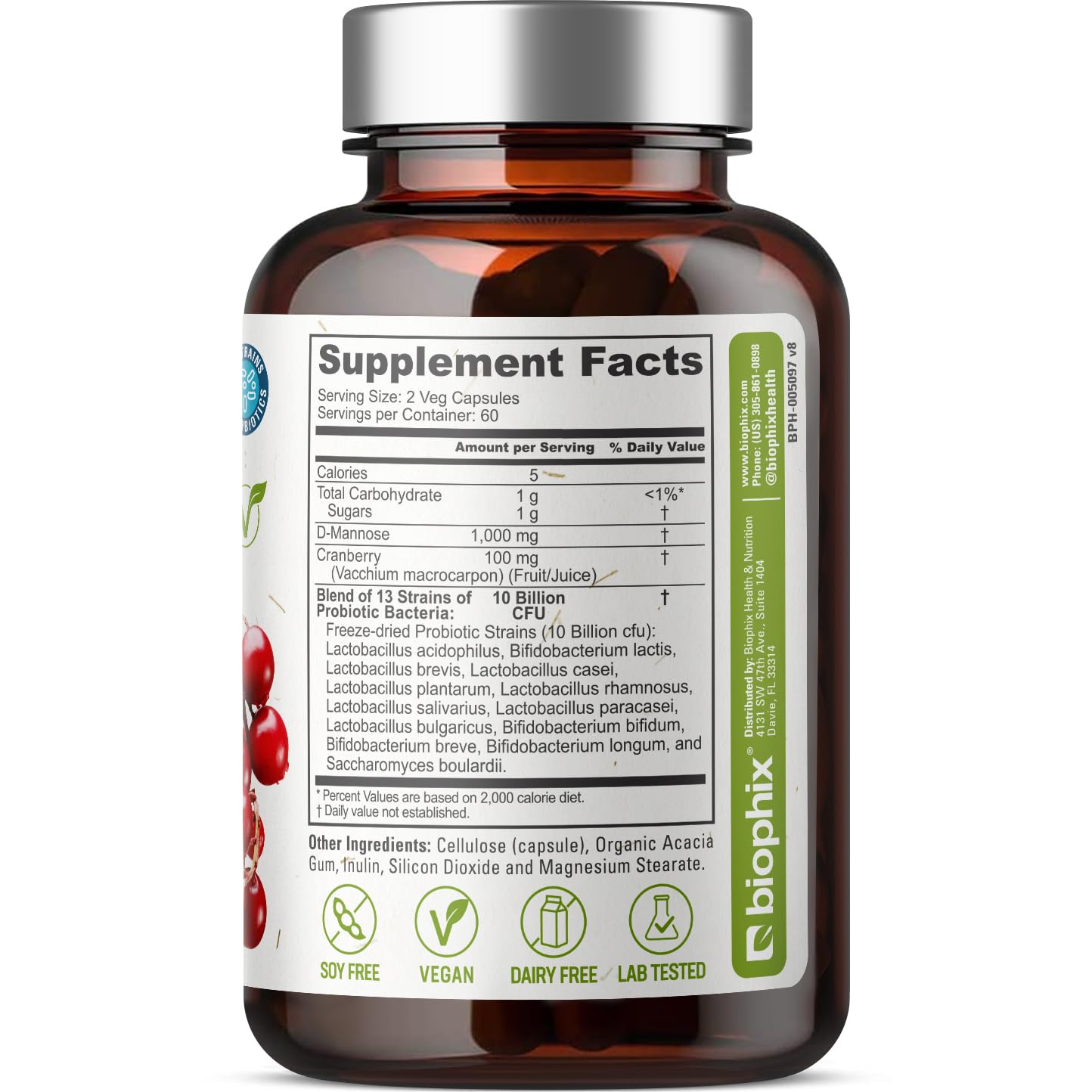 biophix D-Mannose 1000mg Cranberry Probiotic Capsules with cranberry fruits