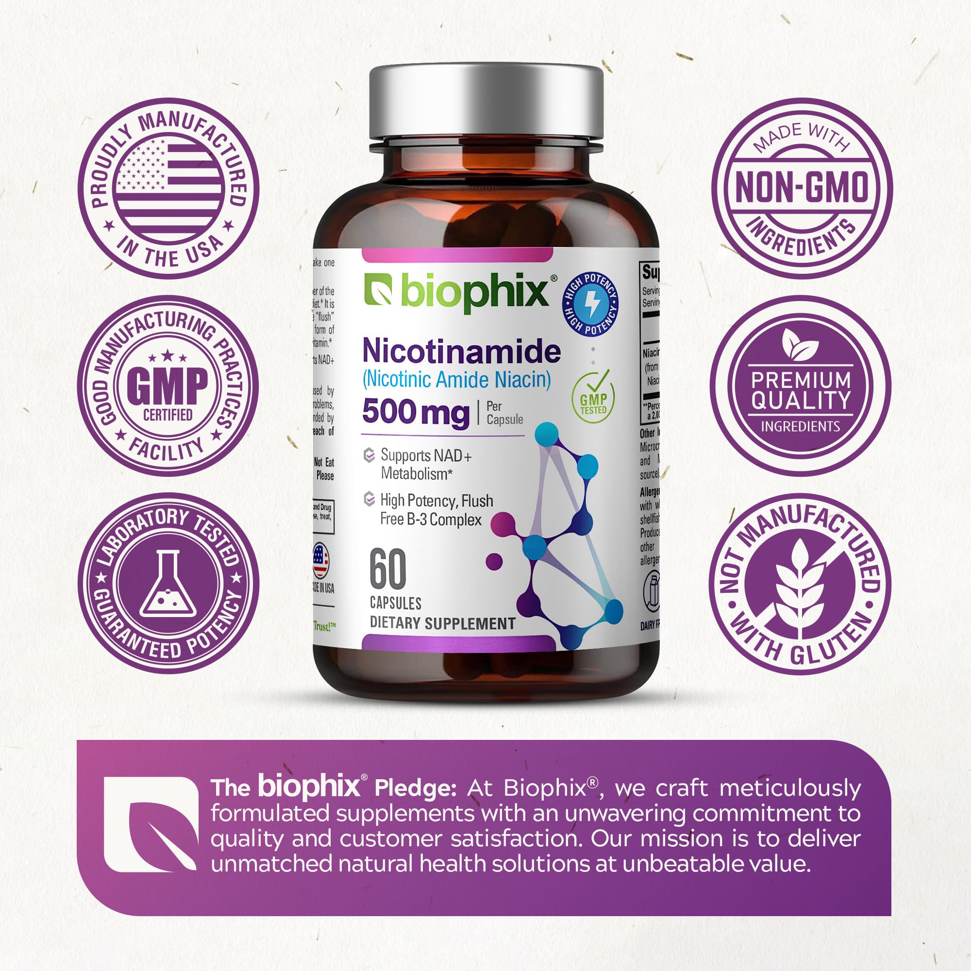 biophix Nicotinamide B3 (Niacin) 500mg Capsules on a wooden table