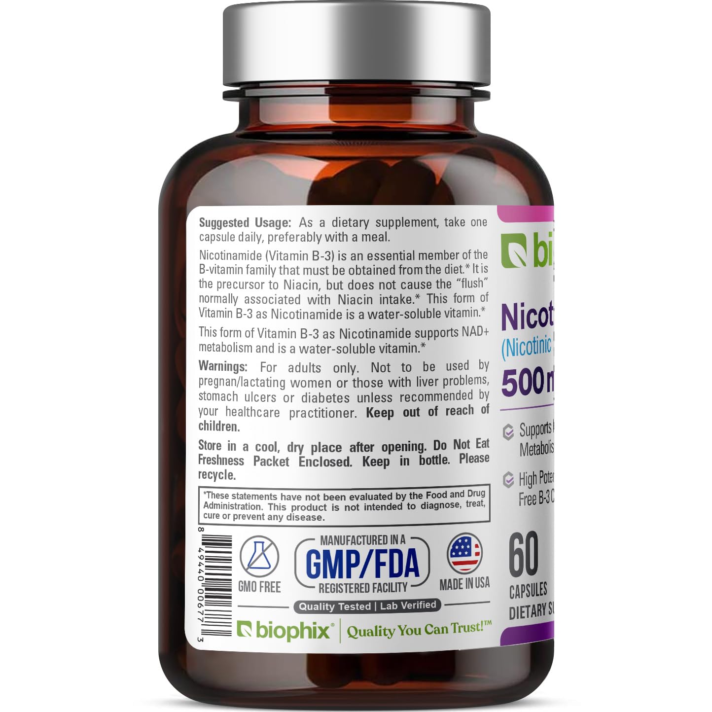 biophix Nicotinamide B3 (Niacin) 500mg Capsules open bottle