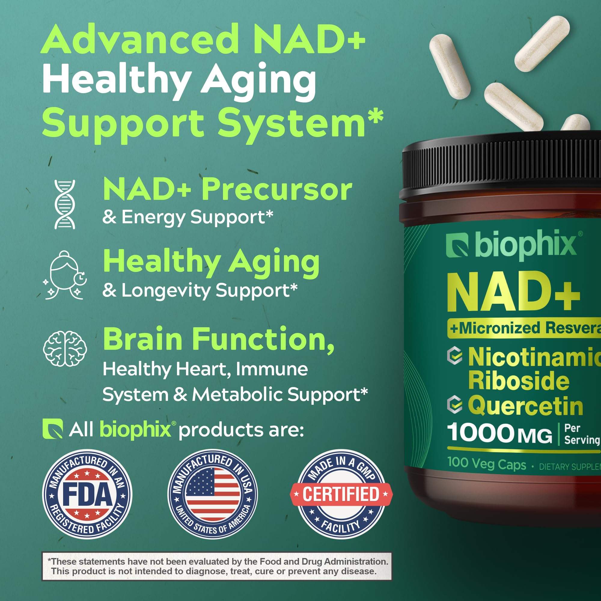 biophix Nicotinamide Riboside B3 Supplement 1000mg capsules side view