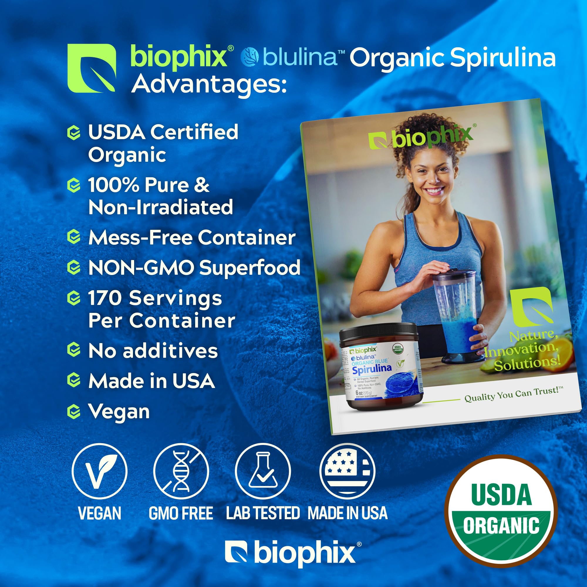 biophix Organic Blue Spirulina Powder back view with ingredient list