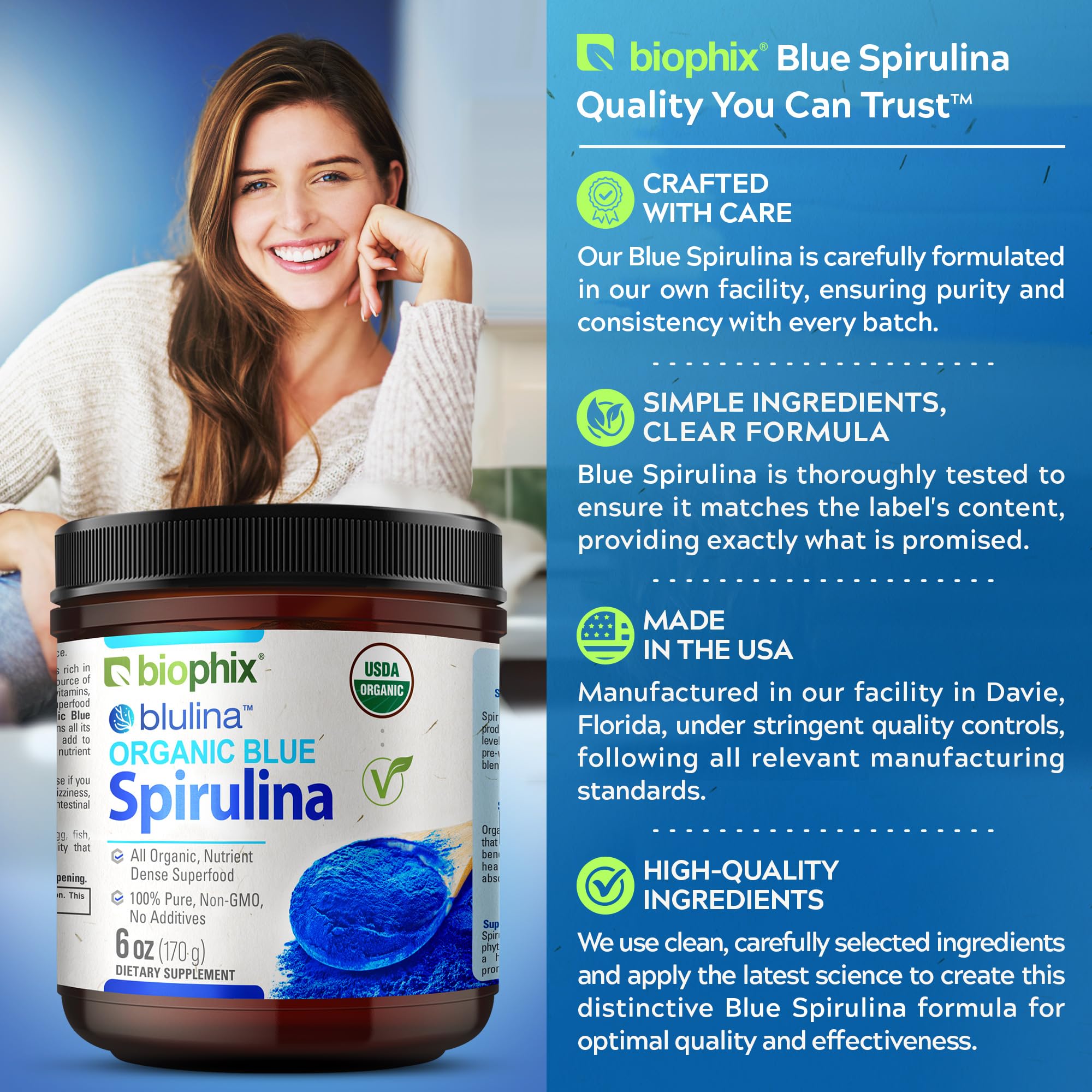biophix Organic Blue Spirulina Powder close-up of powder texture