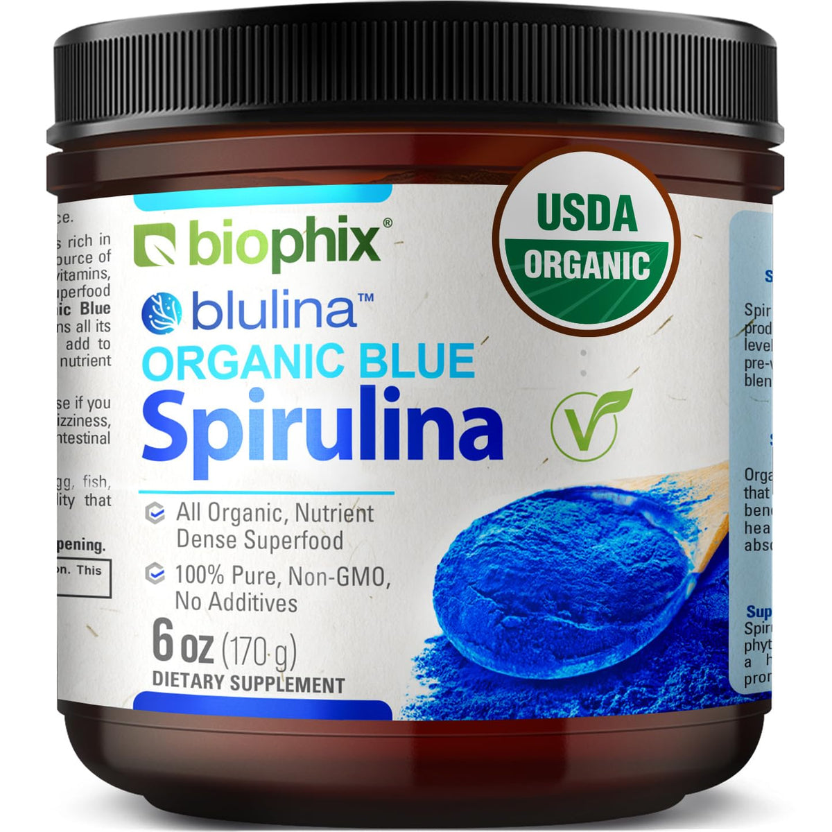 biophix Organic Blue Spirulina Powder front view 6 oz jar