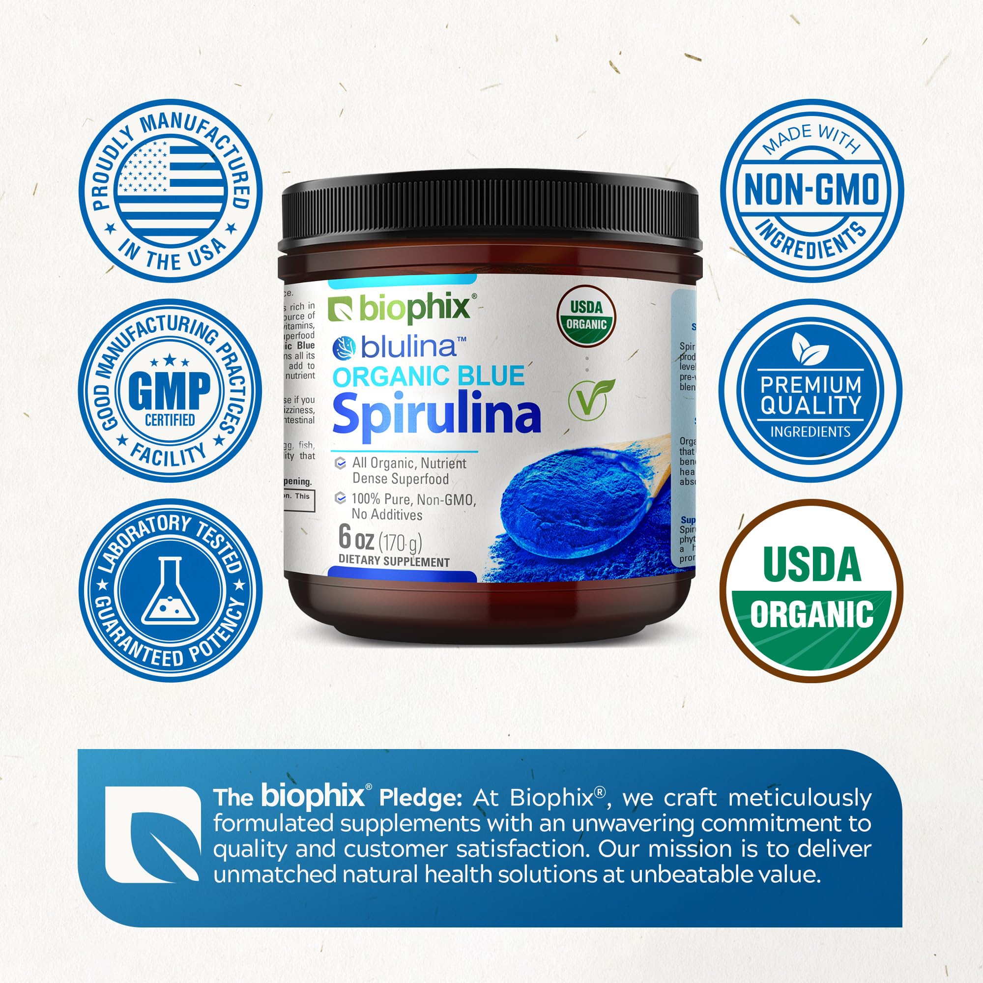 biophix Organic Blue Spirulina Powder jar on kitchen counter