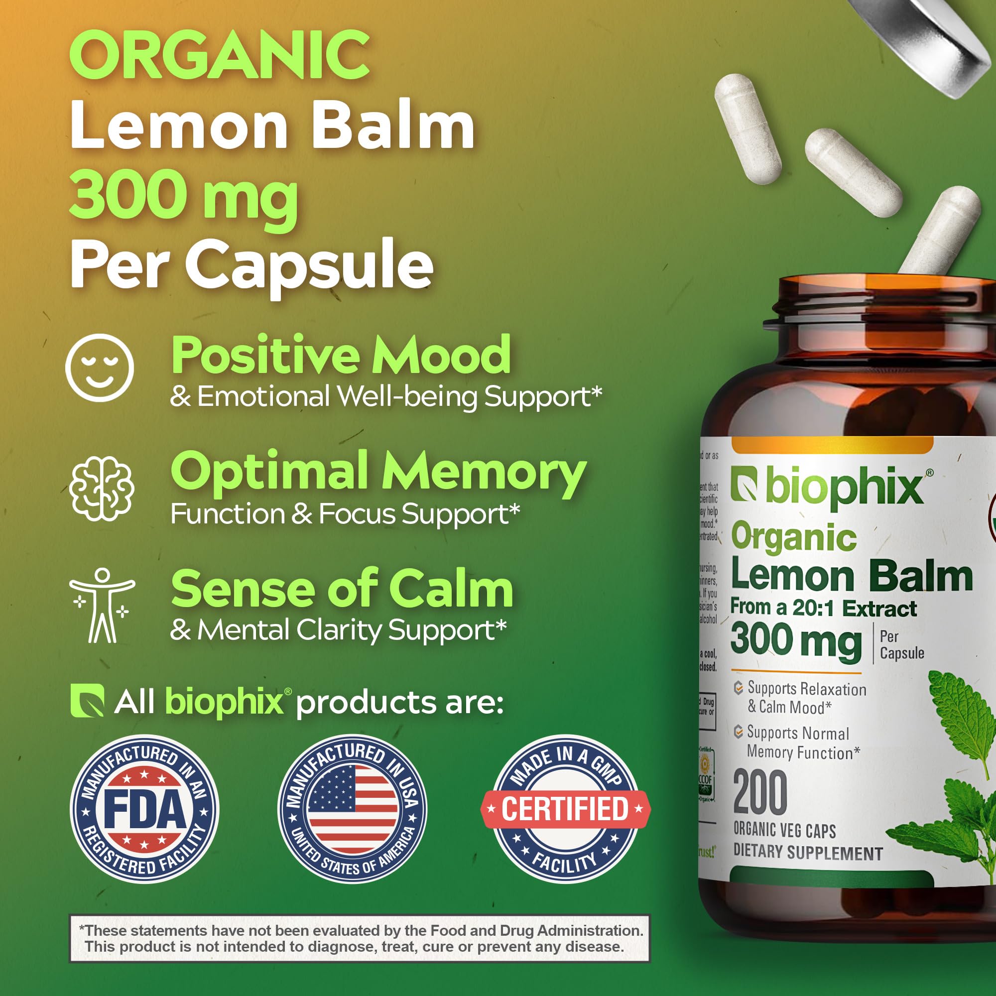 biophix Organic Lemon Balm Capsules 300mg back label