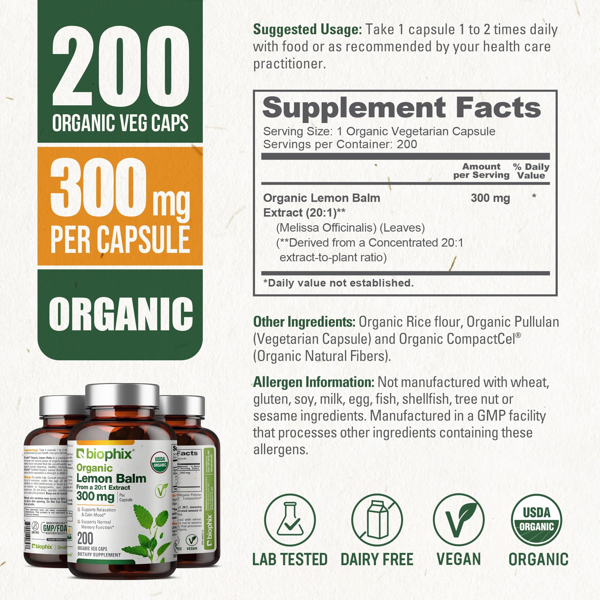 biophix Organic Lemon Balm Capsules 300mg capsules close-up