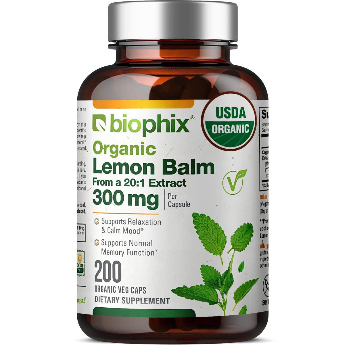 biophix Organic Lemon Balm Capsules 300mg front view