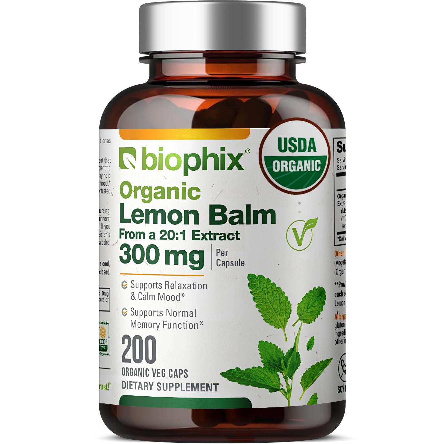 biophix Organic Lemon Balm Capsules 300mg front view