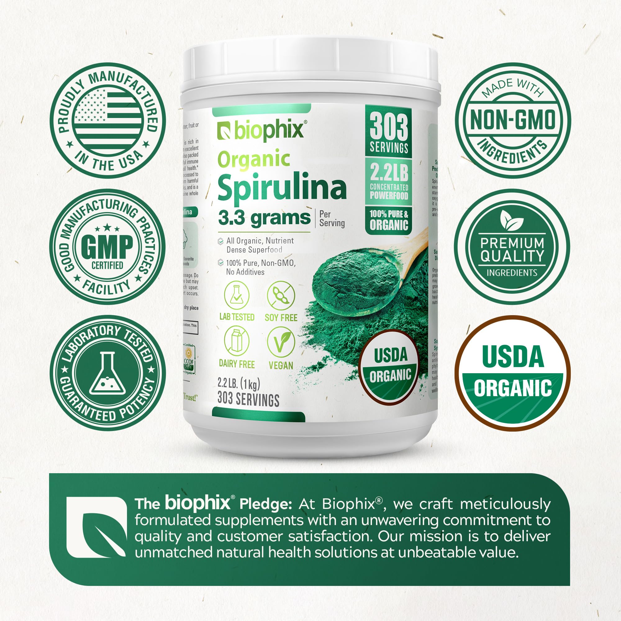 biophix Organic Spirulina Powder displayed with fresh fruits