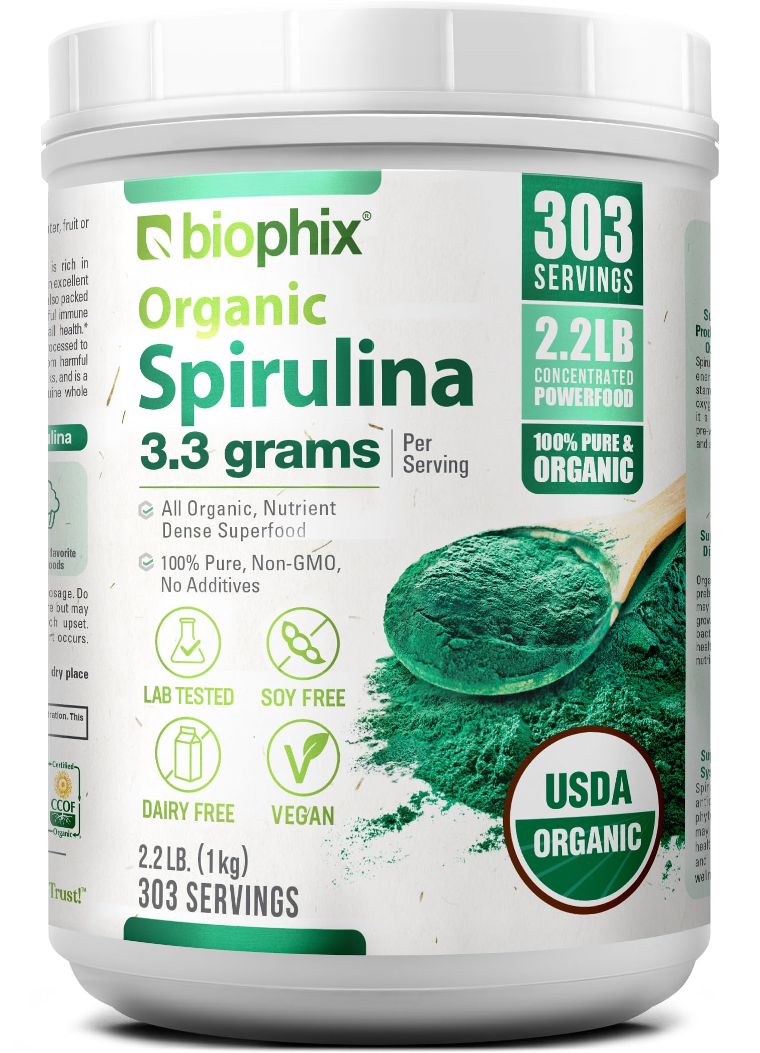 biophix Organic Spirulina Powder front view in family-sized jar