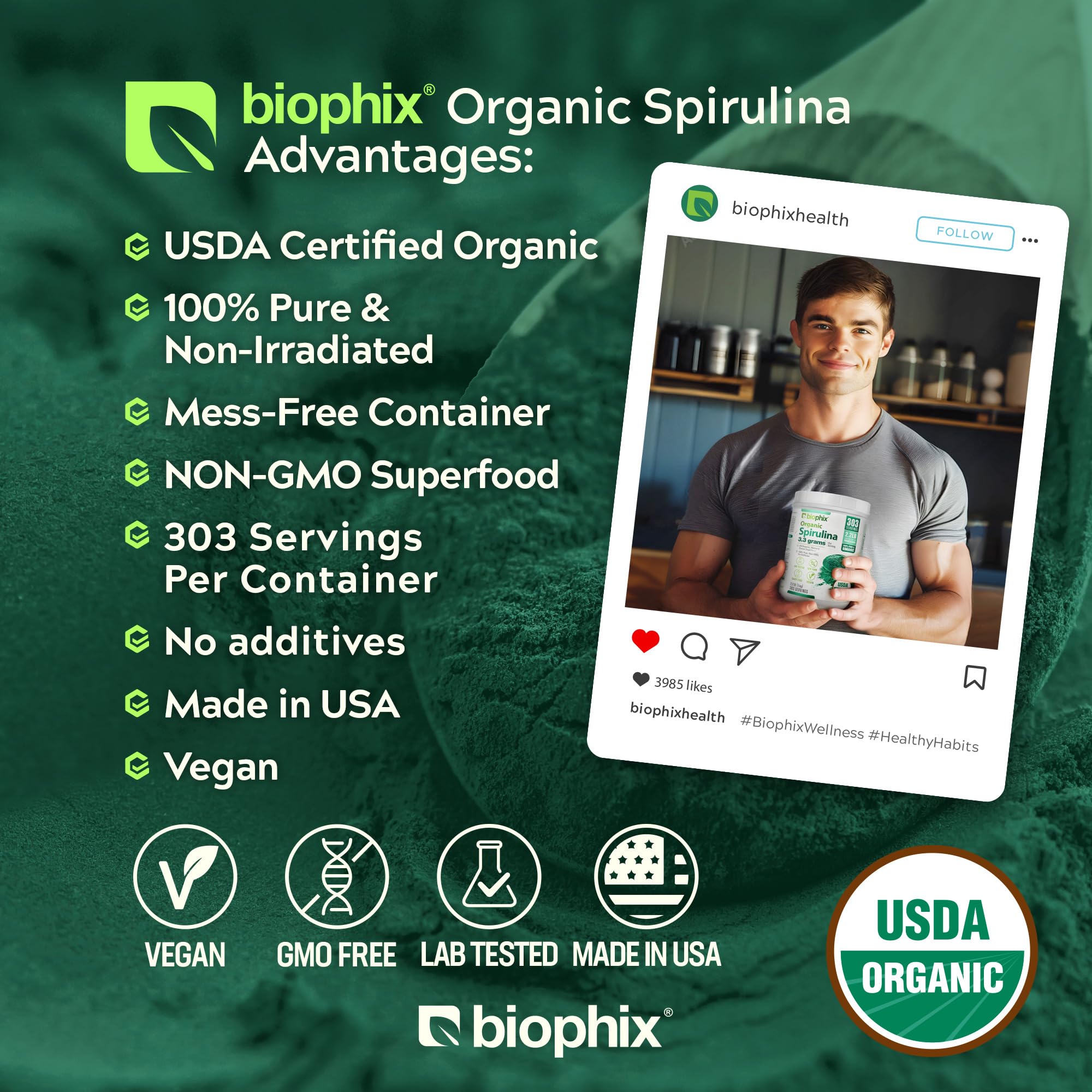 biophix Organic Spirulina Powder in a bowl with a spoon