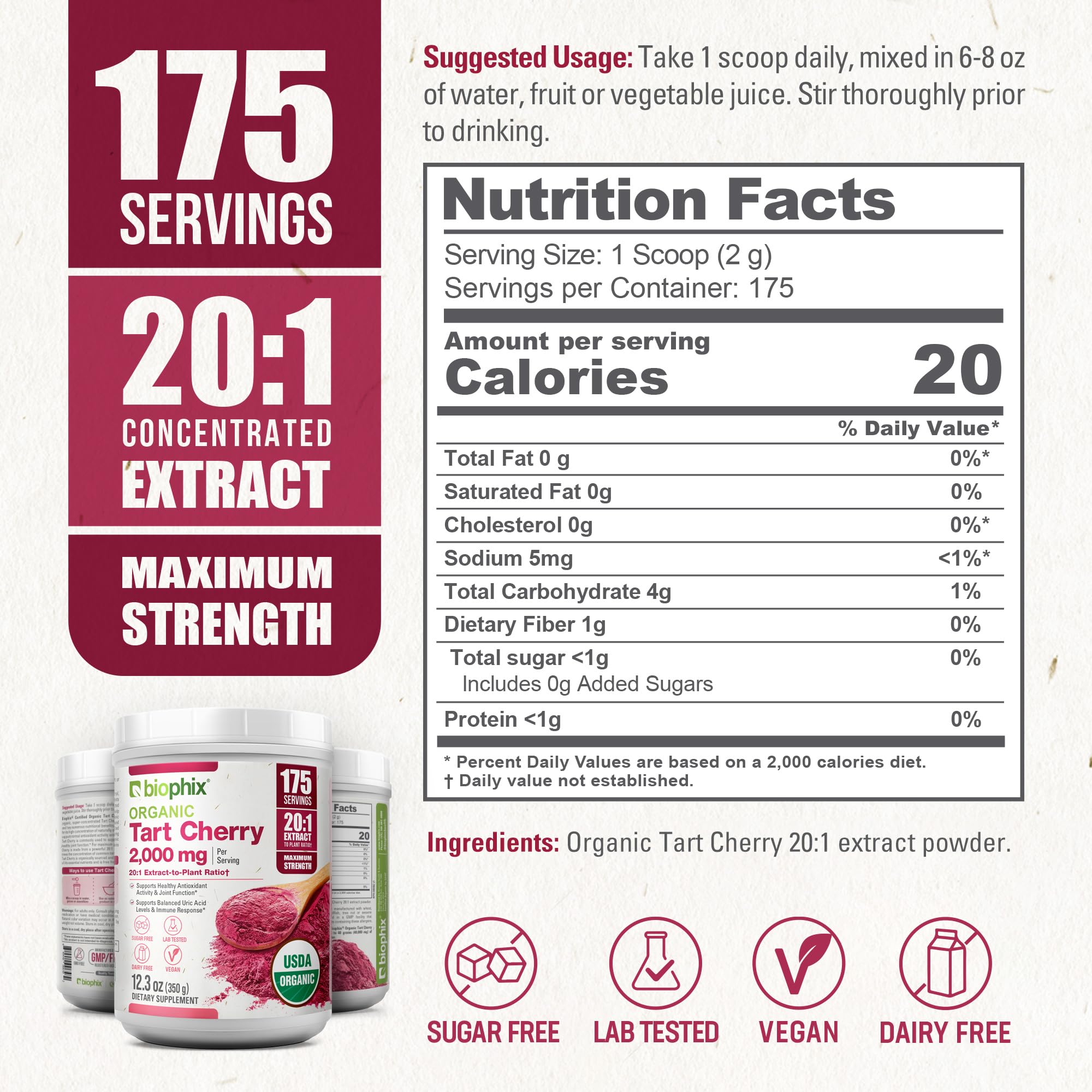 biophix Organic Tart Cherry Powder serving size scoop