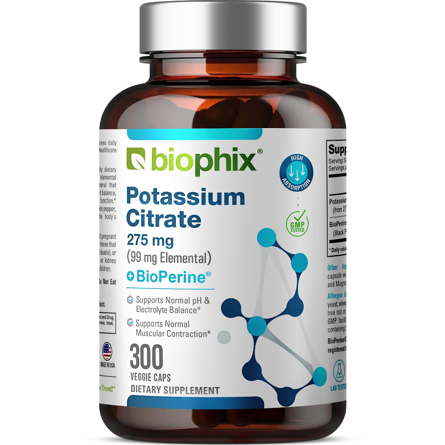 biophix Potassium Citrate 275mg 300 Veggie Capsules front view