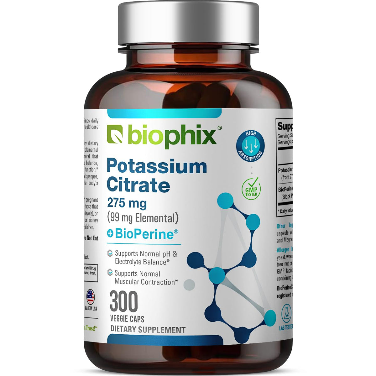 biophix Potassium Citrate 275mg 300 Veggie Capsules front view