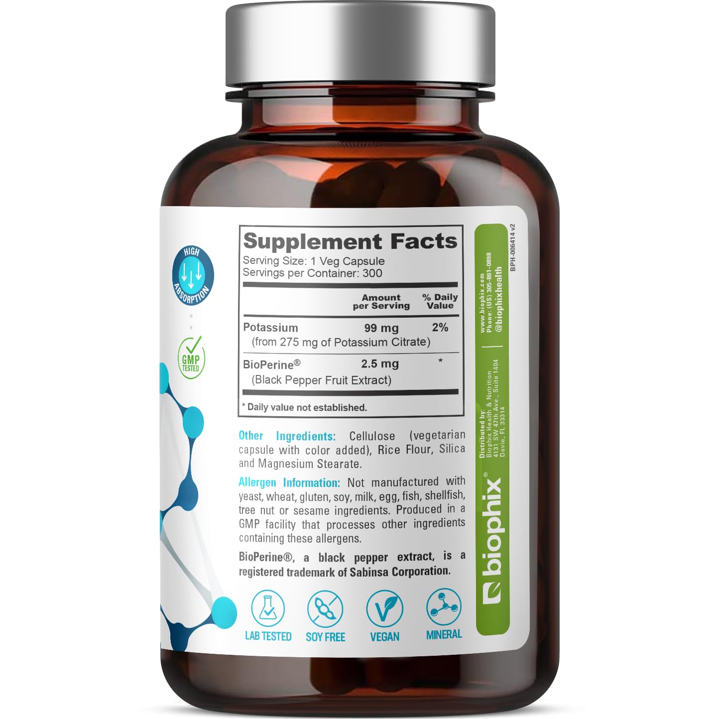 biophix Potassium Citrate 275mg bottle side view
