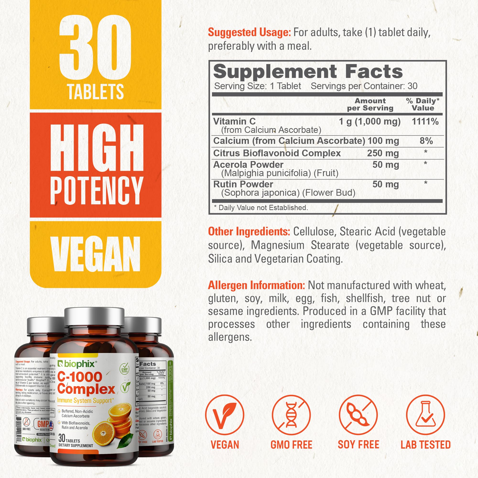 biophix Vitamin C 1000mg Supplement back view with nutritional information